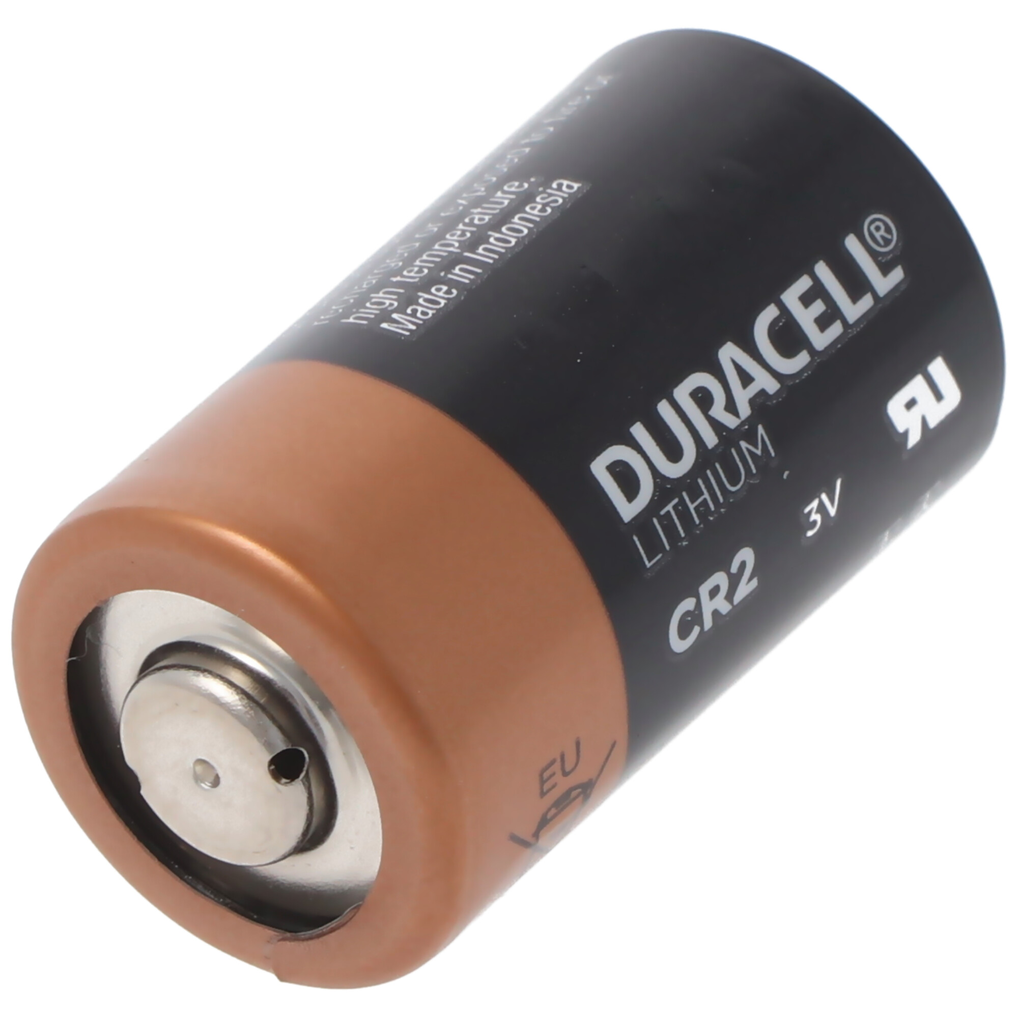 Eine Duracell CR2 Lithium Batterie. Sie ist braun und schwarz.