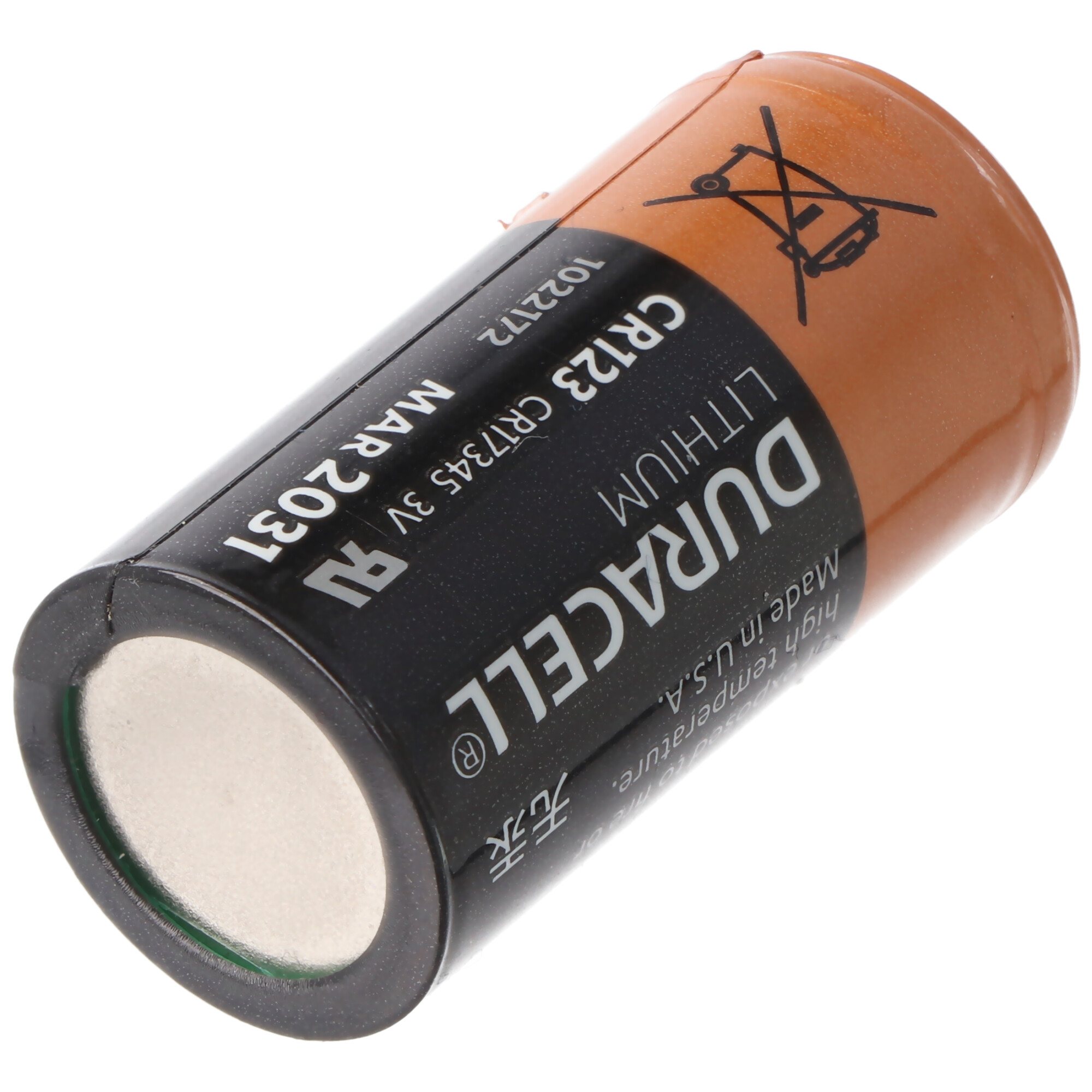 Eine zylindrische Duracell-Batterie, braun und schwarz, mit weißen und kupferfarbenen Enden. Text: Duracell, Lithium, CR123, 3V.