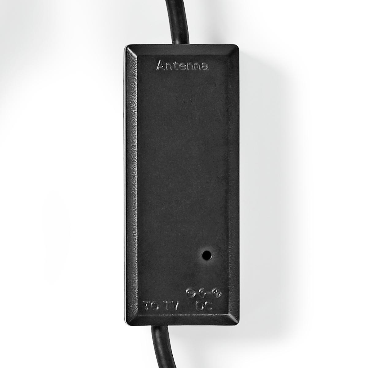 Schwarze Antenne mit schwarzem Kabel. Auf der Antenne steht das Wort 'Antenne' und 'TV-US'.