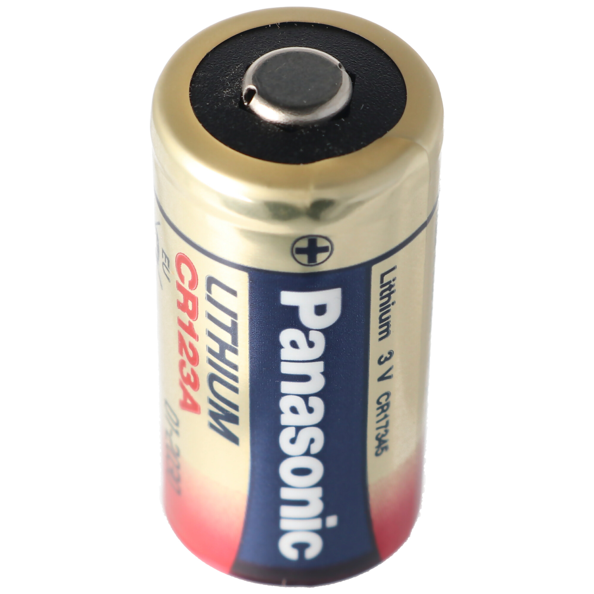 Panasonic CR123A Lithium-Batterie. Gold- und blaues Etikett, rote Akzente und Metalloberteil.
