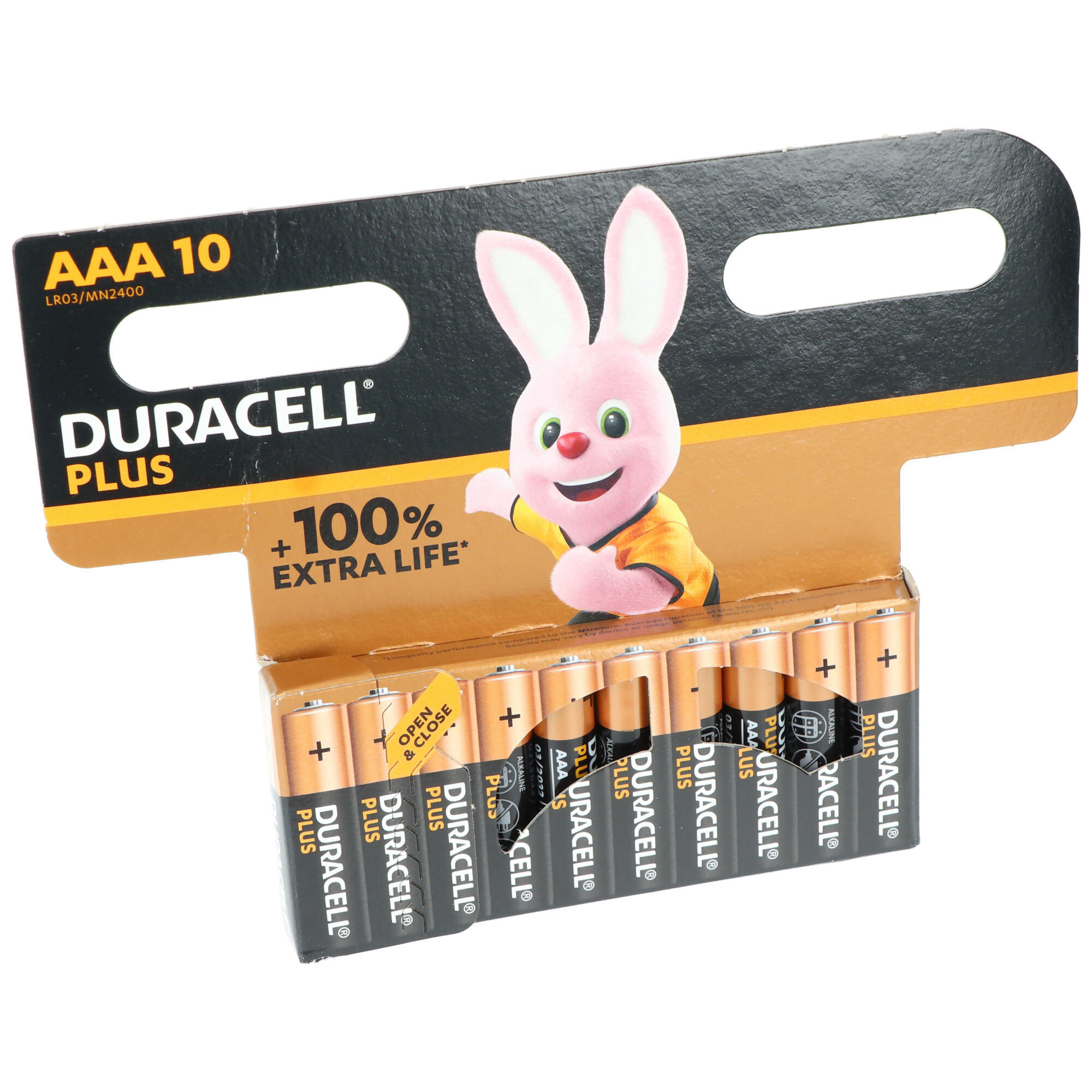 Scatola di batterie Duracell AAA con coniglio cartoon e etichetta +100% durata.