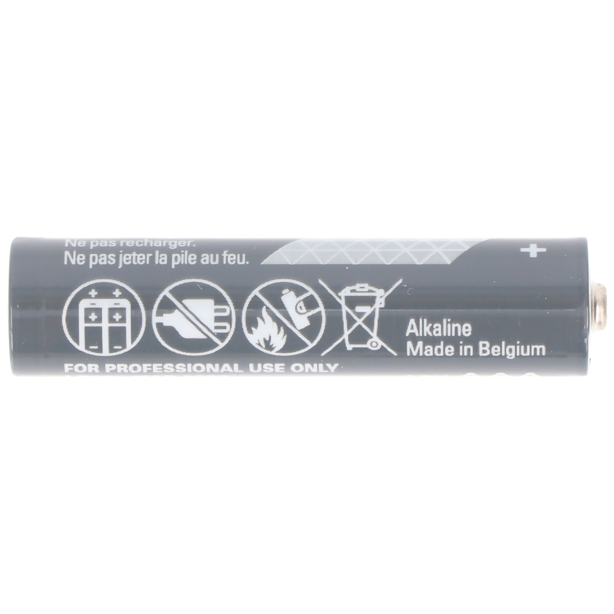 Schwarze AA-Batterie mit Warnhinweisen und Symbolen.