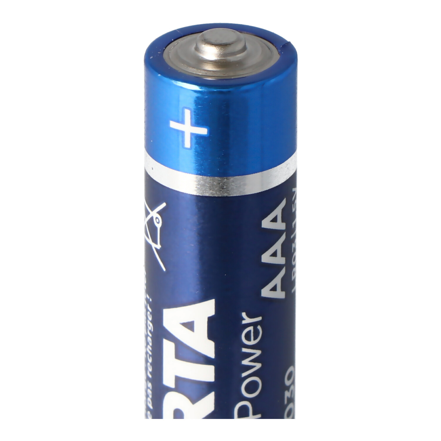 Blaue AAA-Batterie mit weißem Text. Die Oberseite ist silberfarben mit einem Pluszeichen.