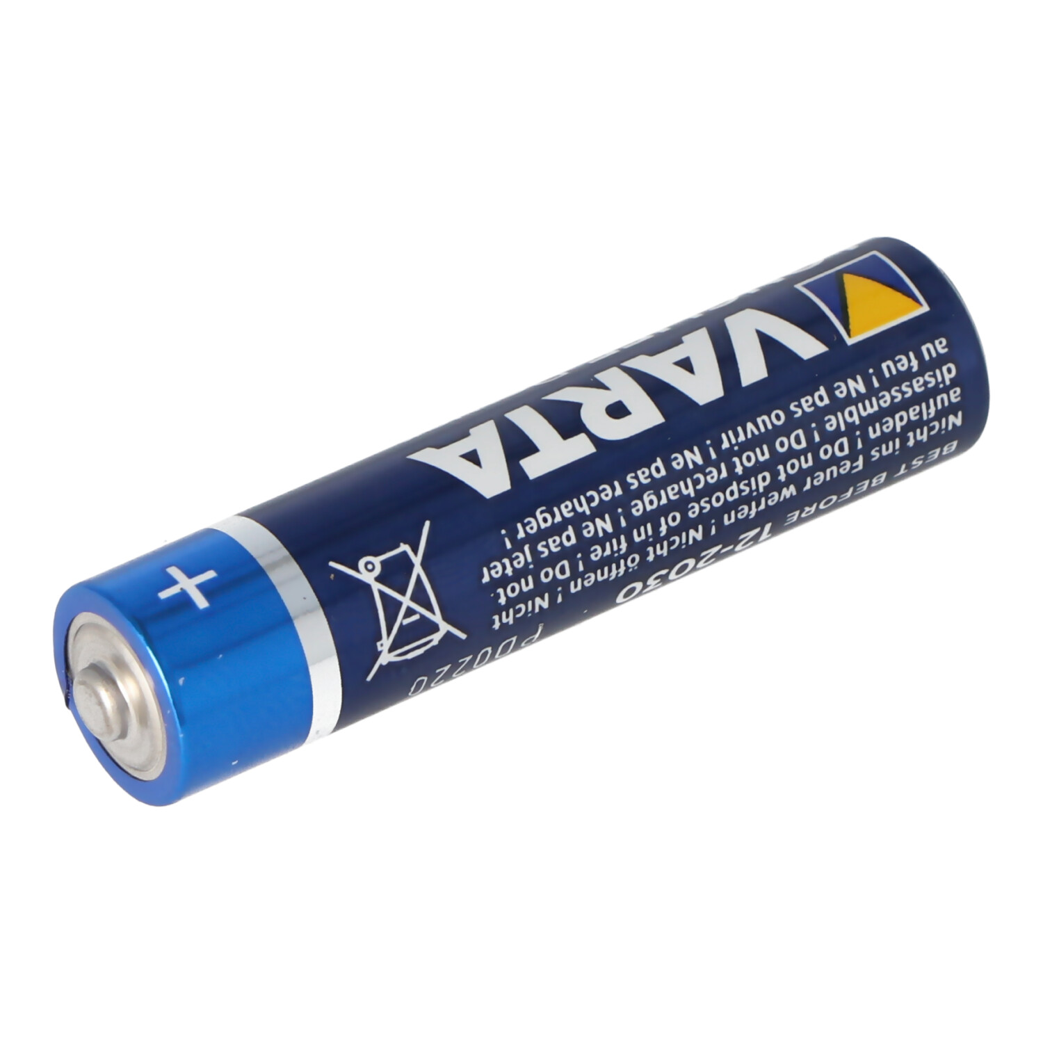 Blaue und weiße Varta-Batterie. Es ist eine zylindrische Batterie mit Pluszeichen.
