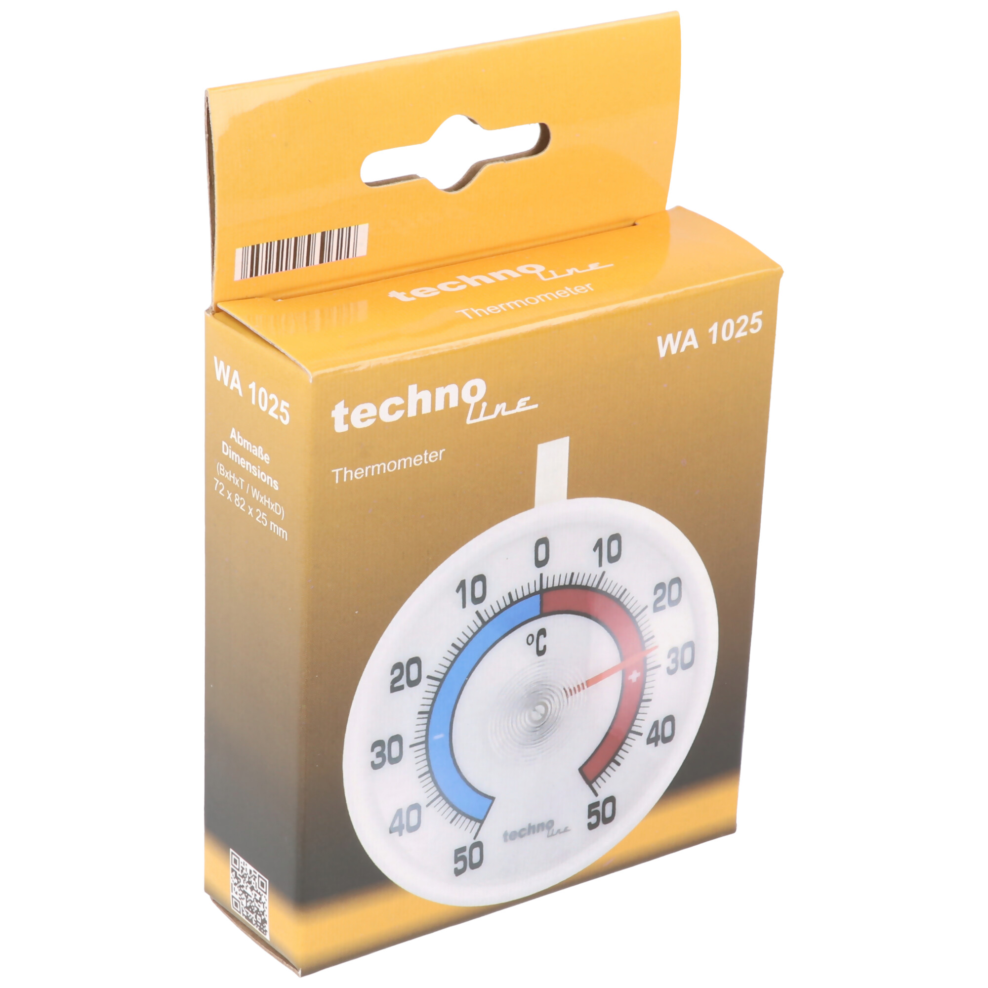 Thermometer in einer Schachtel. Das Thermometer ist rund, mit einer roten und blauen Skala.