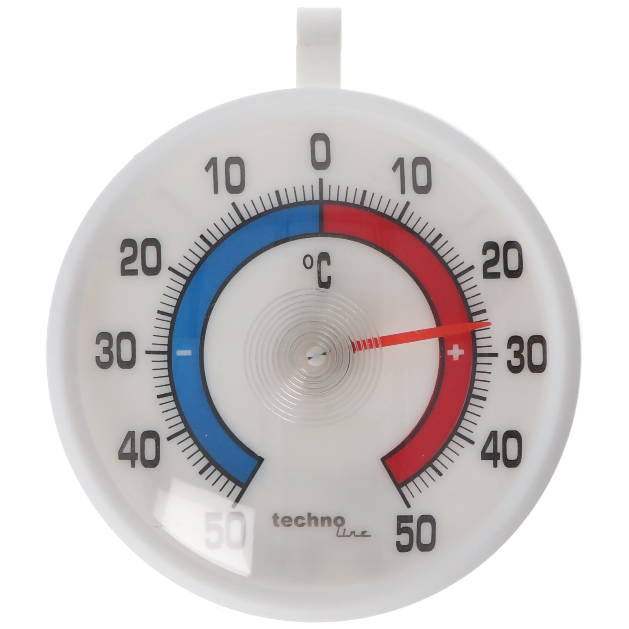 Runder weißer Außenthermometer mit Temperaturanzeigen in Rot und Blau.