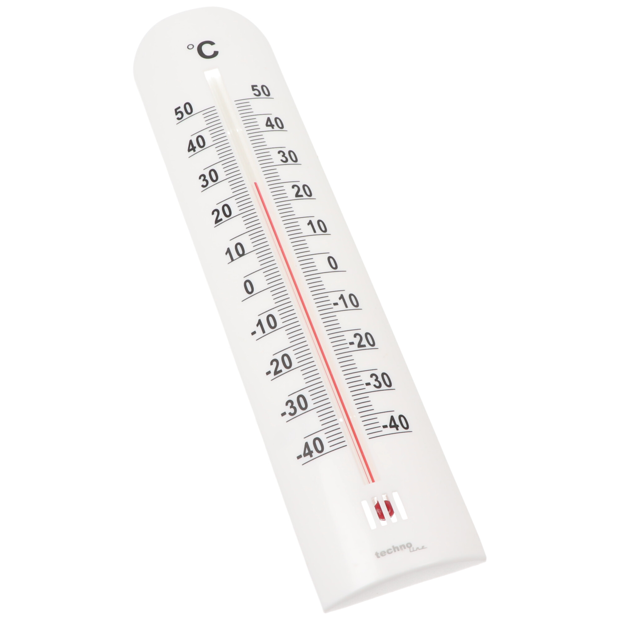 Weißes Thermometer mit roter Flüssigkeit im Inneren. Zeigt Celsius-Grade von -40 bis 50. Die Marke ist Techno Line.