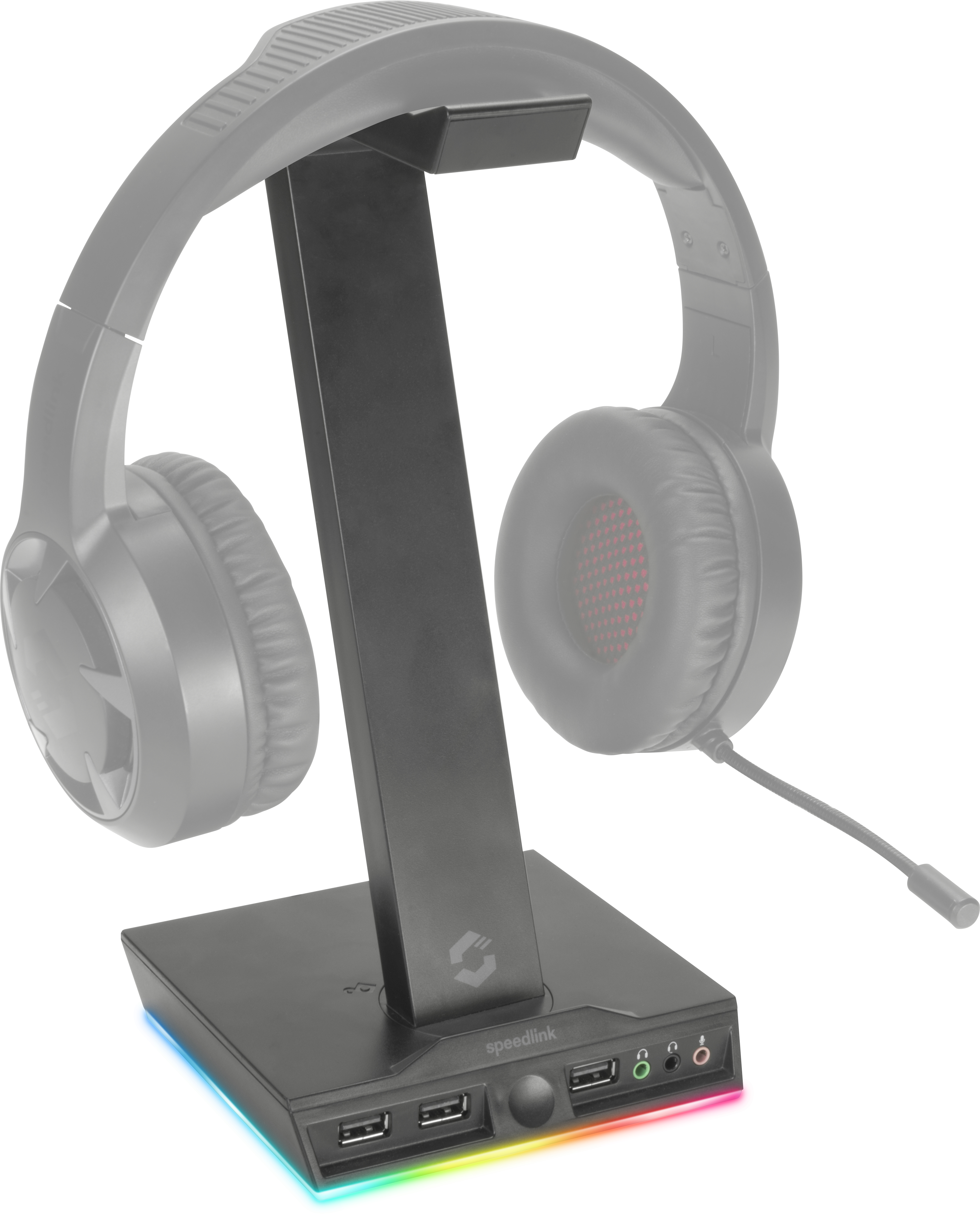 Schwarzer Kopfhörerständer mit Regenbogen-LED-Sockel, Headset-Silhouette und USB-Anschlüssen.