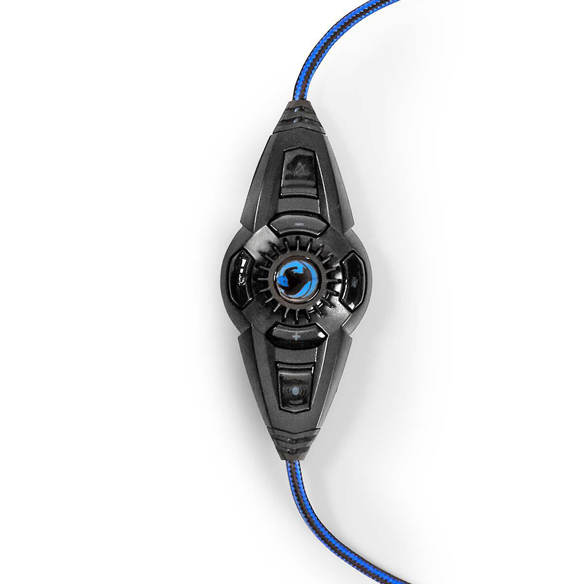 Czarny regulator dźwięku z niebiesko-czarnym kablem i niebieskim przyciskiem.