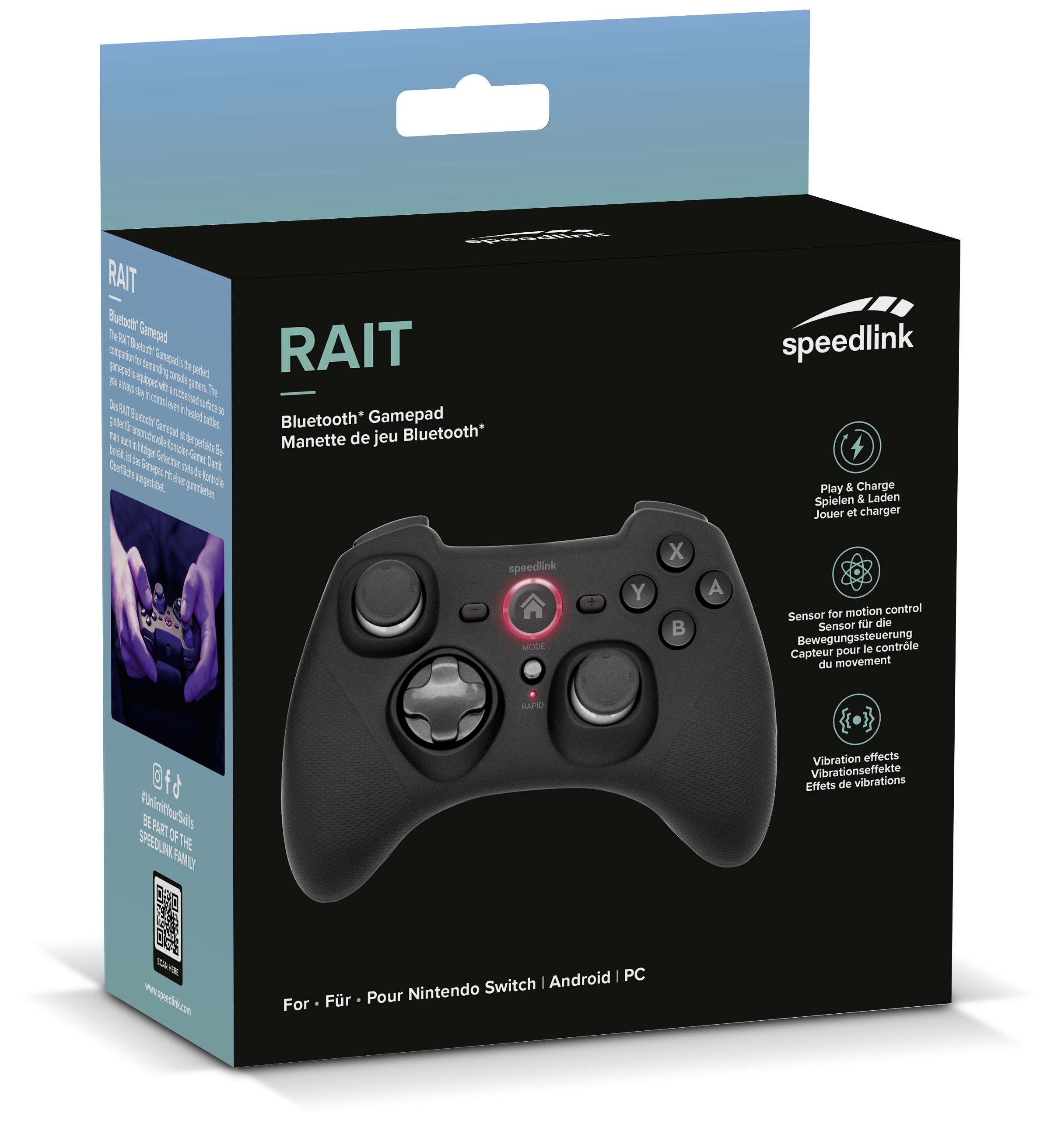 Scatola nera del gamepad Bluetooth 'RAIT', mostra il controller e le sue funzioni.