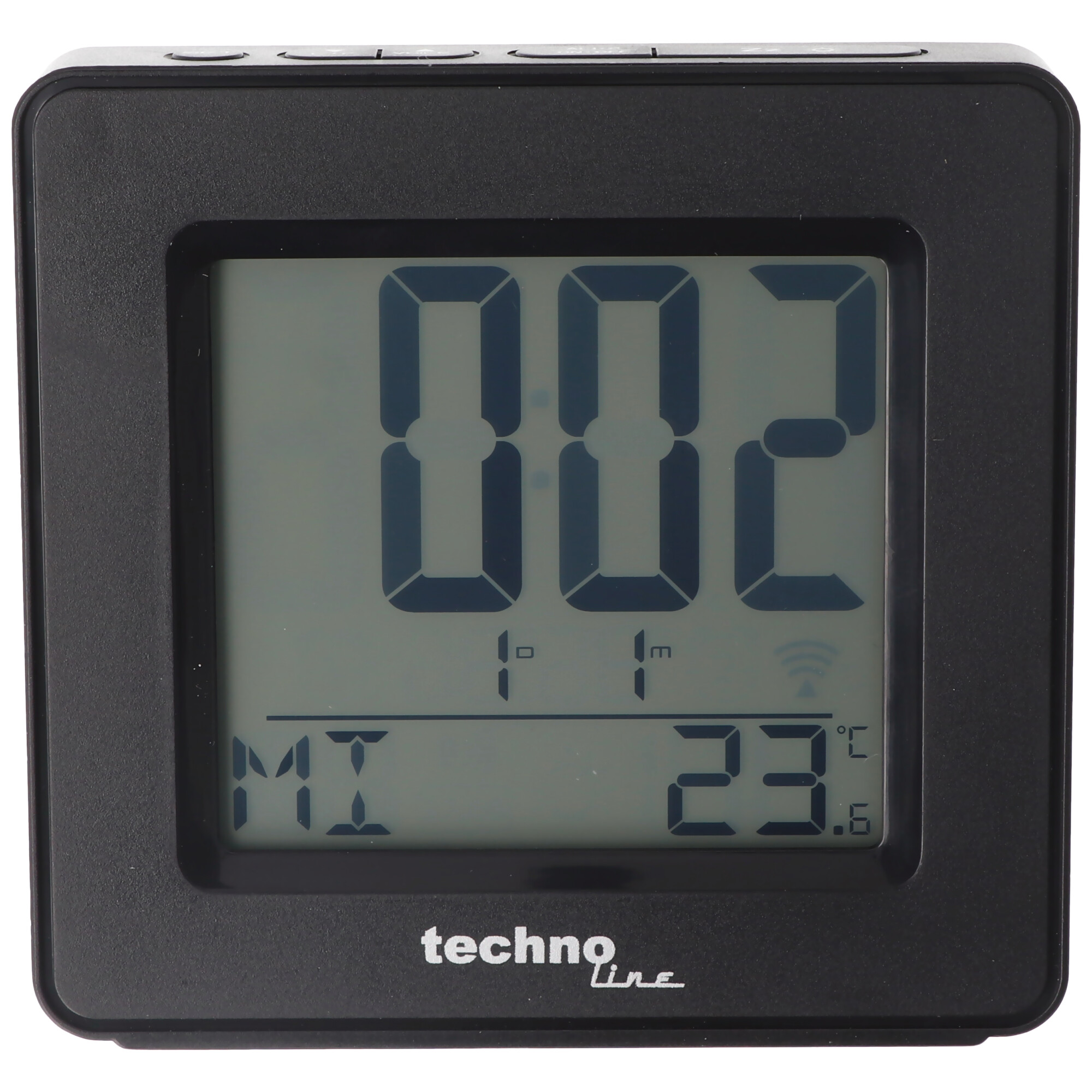 Schwarze Digitaluhr zeigt Zeit, Temperatur und WLAN-Symbol an.