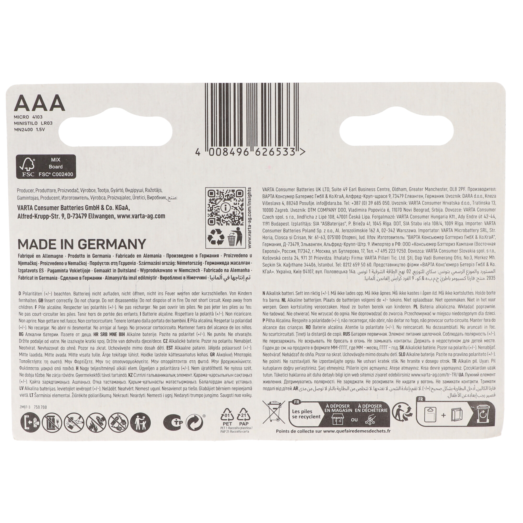 Opakowanie baterii AAA. Tekst w wielu językach, symbole recyklingu i informacje o produkcie.