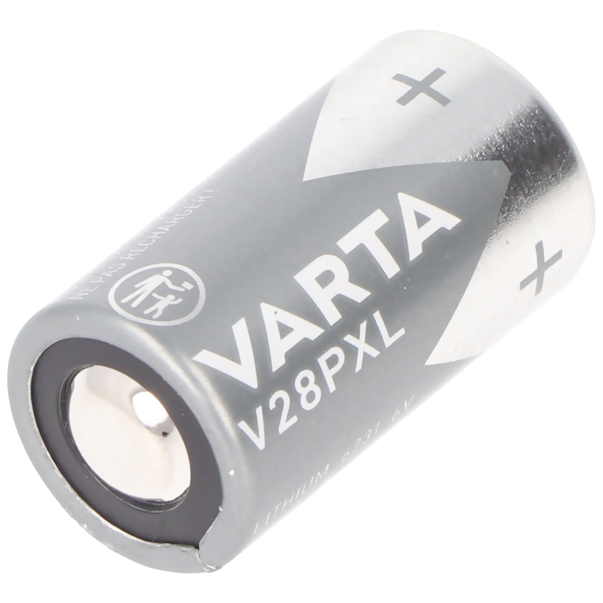 Una batteria Varta grigia con testo bianco e un segno più.