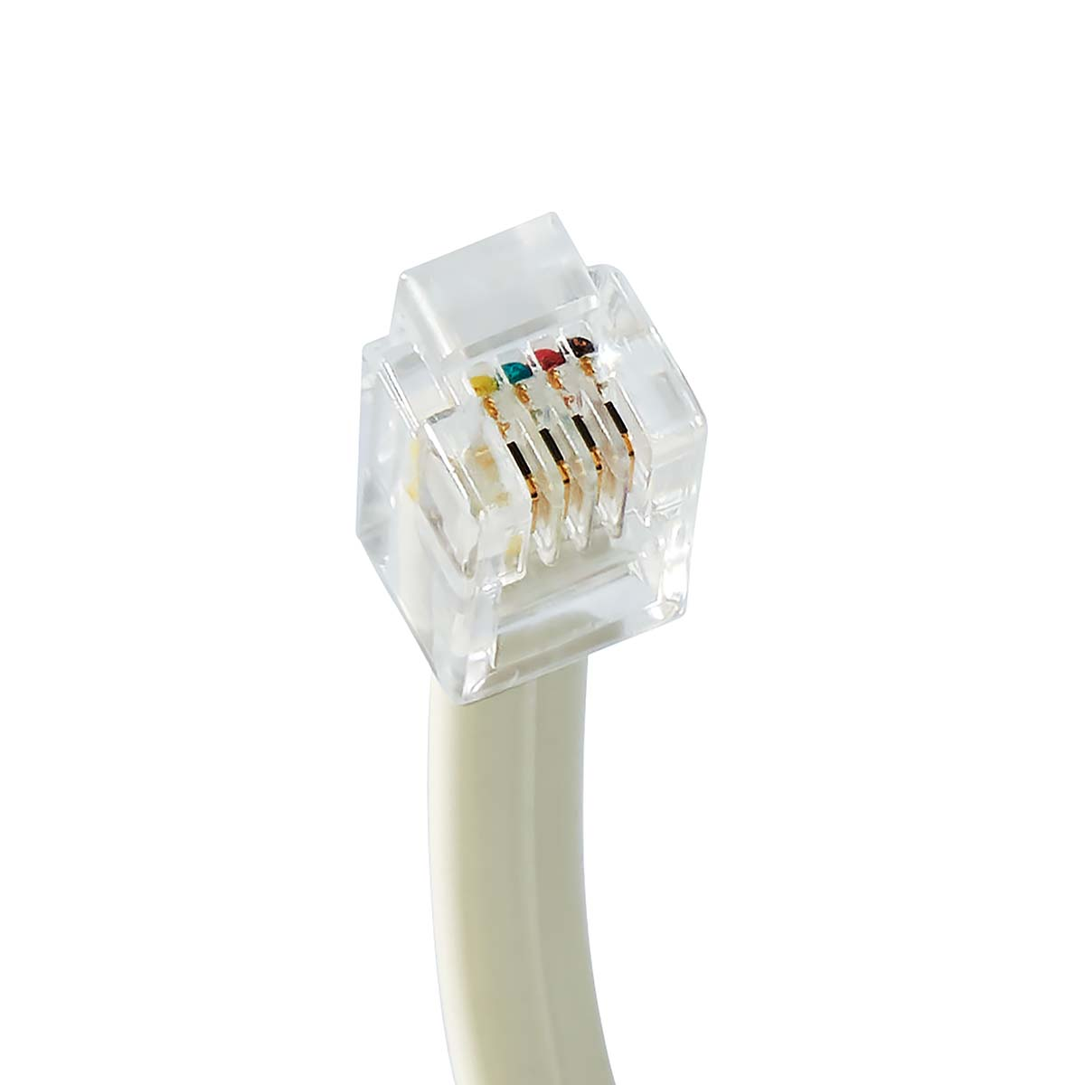 Een doorzichtige telefoonaansluiting met gekleurde draden erin, verbonden met een witte kabel. Witte achtergrond.
