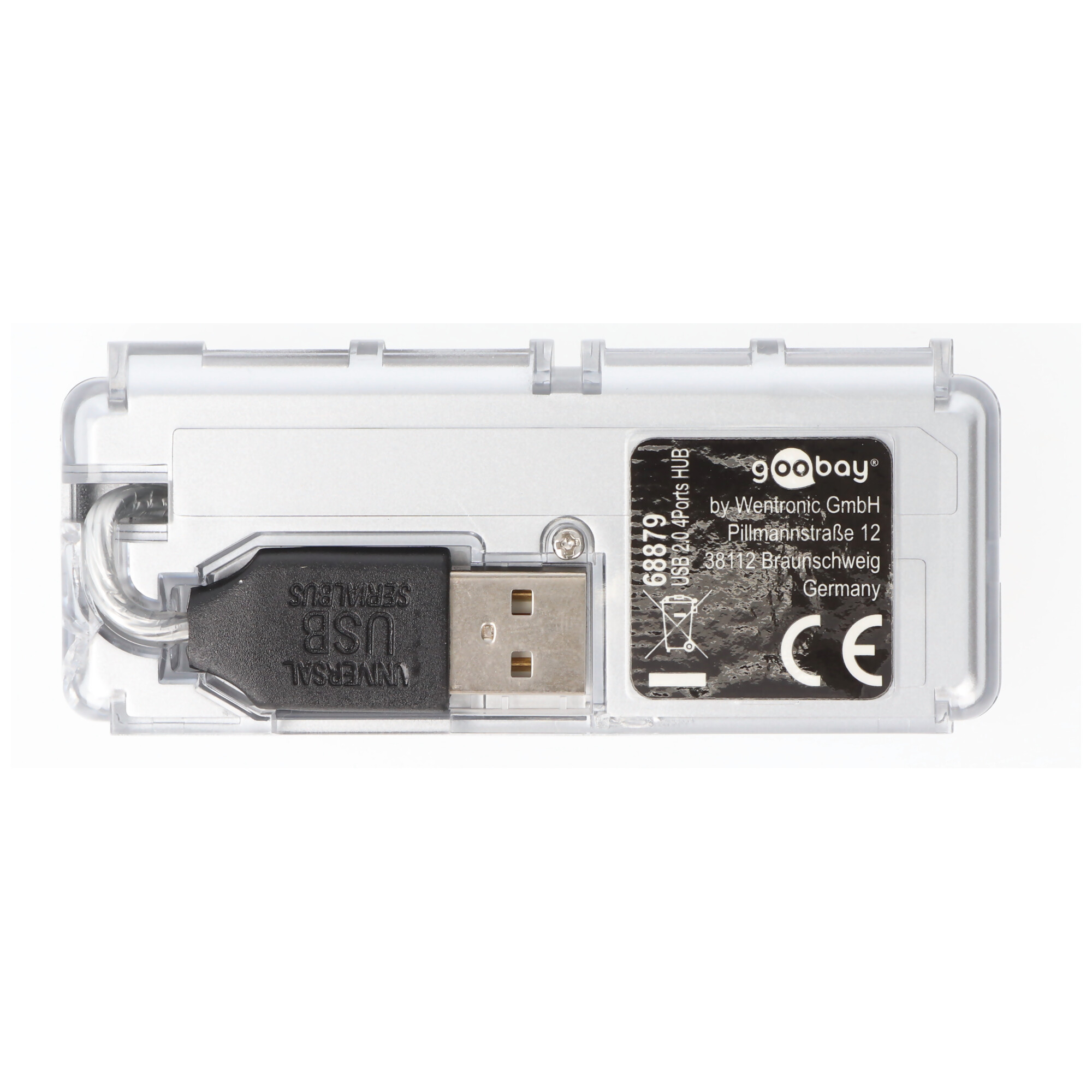 Ein USB-Hub mit schwarzem USB-Stecker und USB-Anschluss, in einem transparenten Gehäuse.