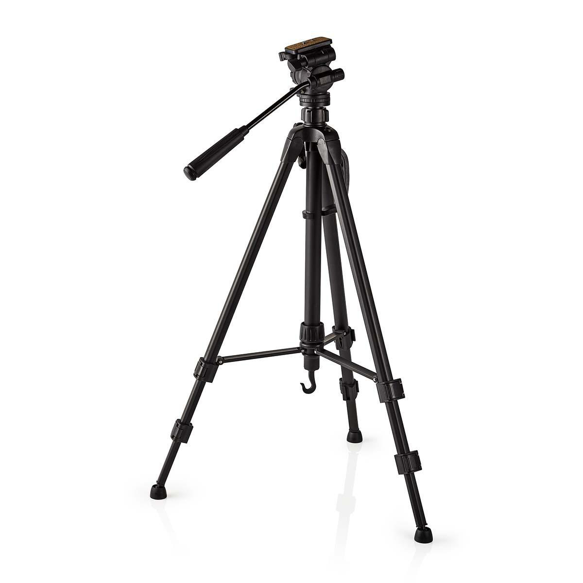 A black tripod with three legs, a head and a handle.