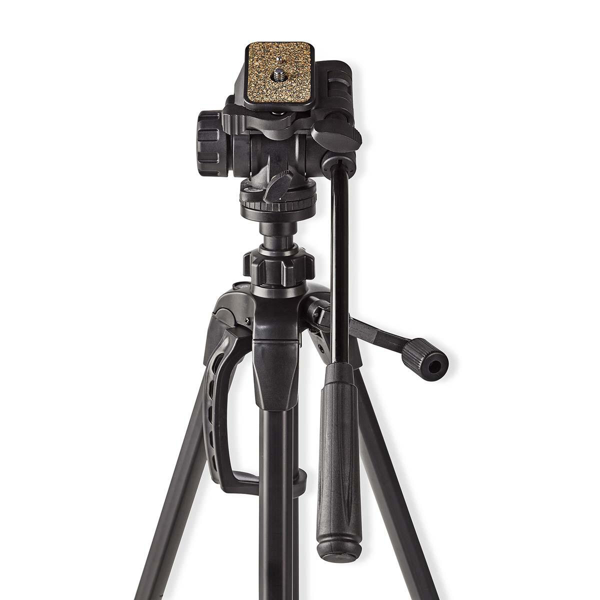 Black tripod with handle and head. Legs spread out, ready to support a camera.