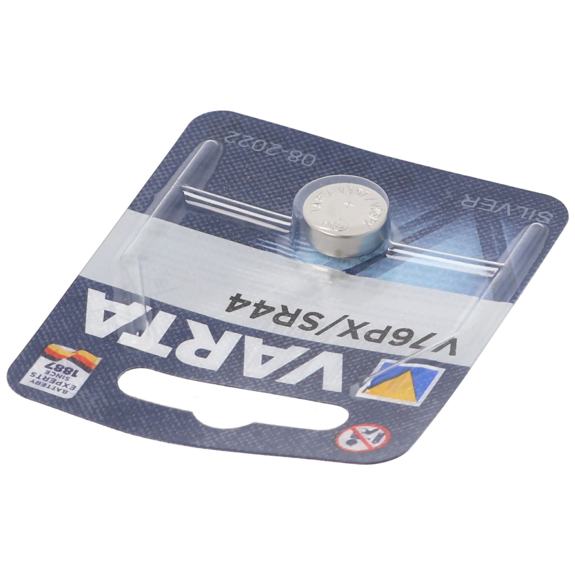 A VARTA battery in a blister pack. The battery is silver and in a plastic holder.