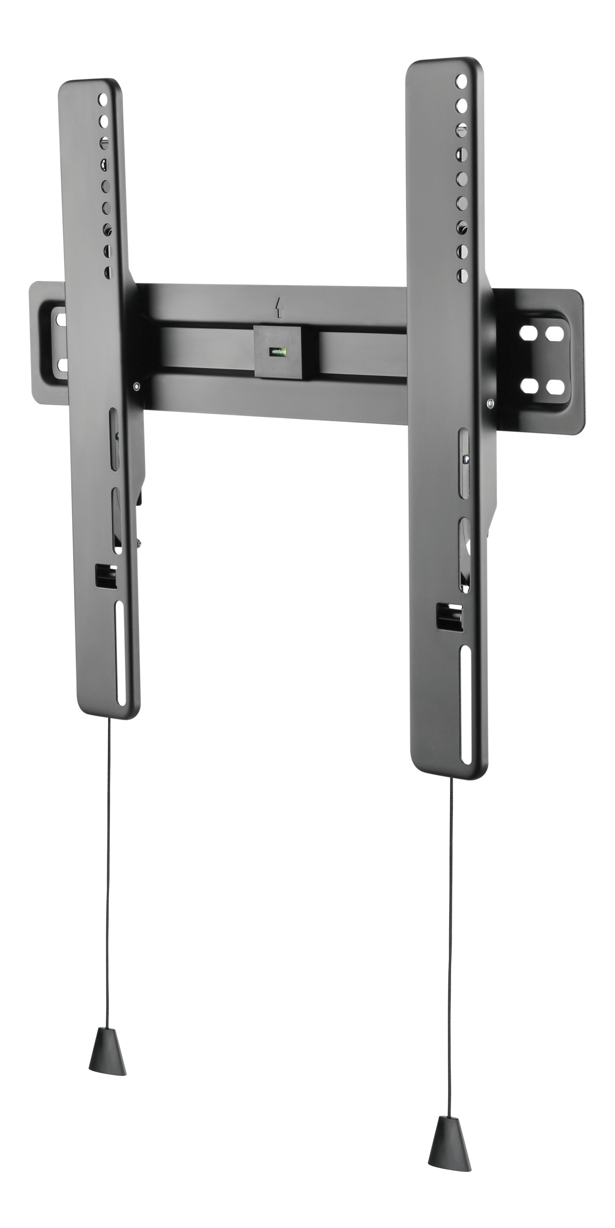 Zwarte tv-muurbeugel met hangende draden en een USB-poort.