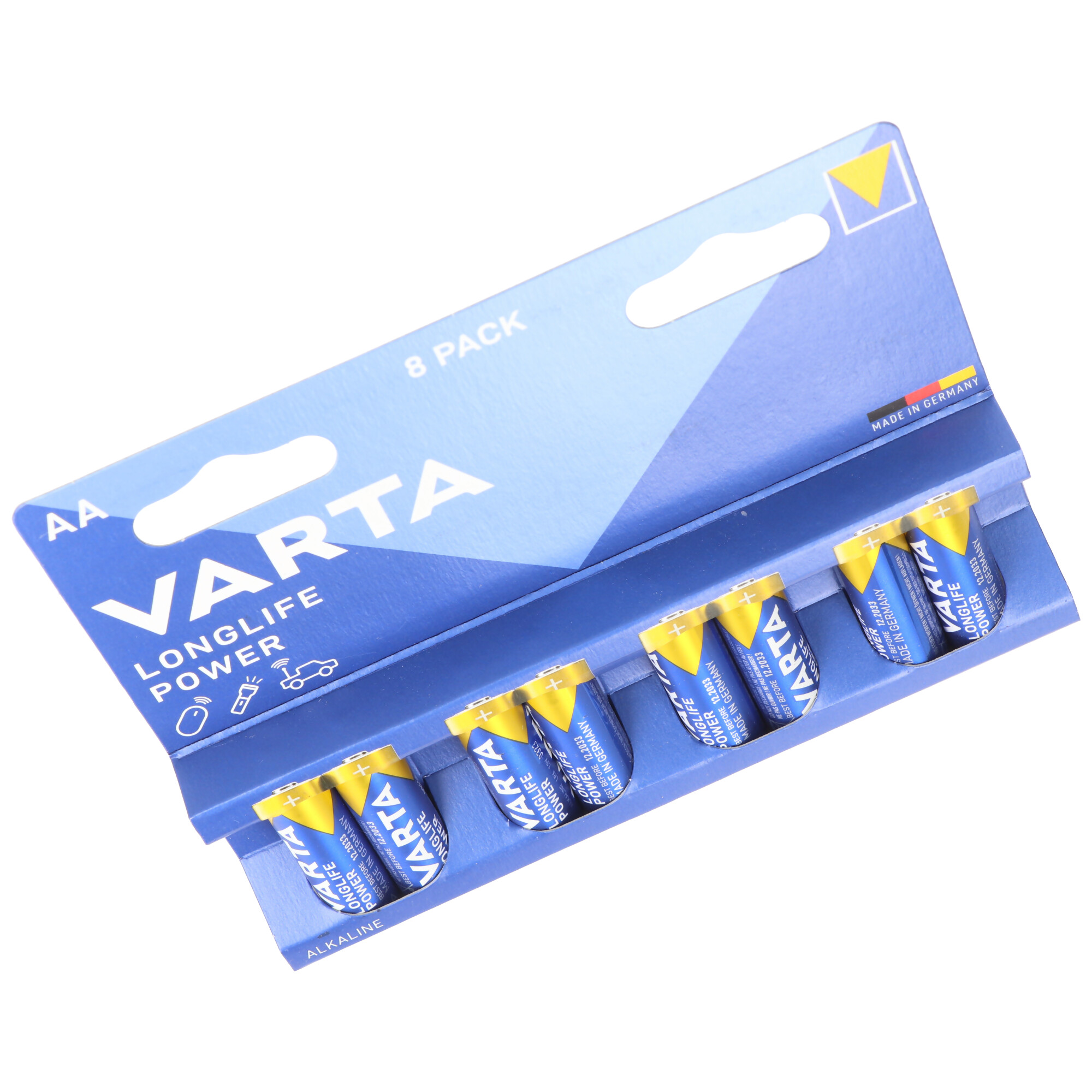 Una confezione di otto batterie AA VARTA. Imballaggio blu e giallo con grafiche di batterie.