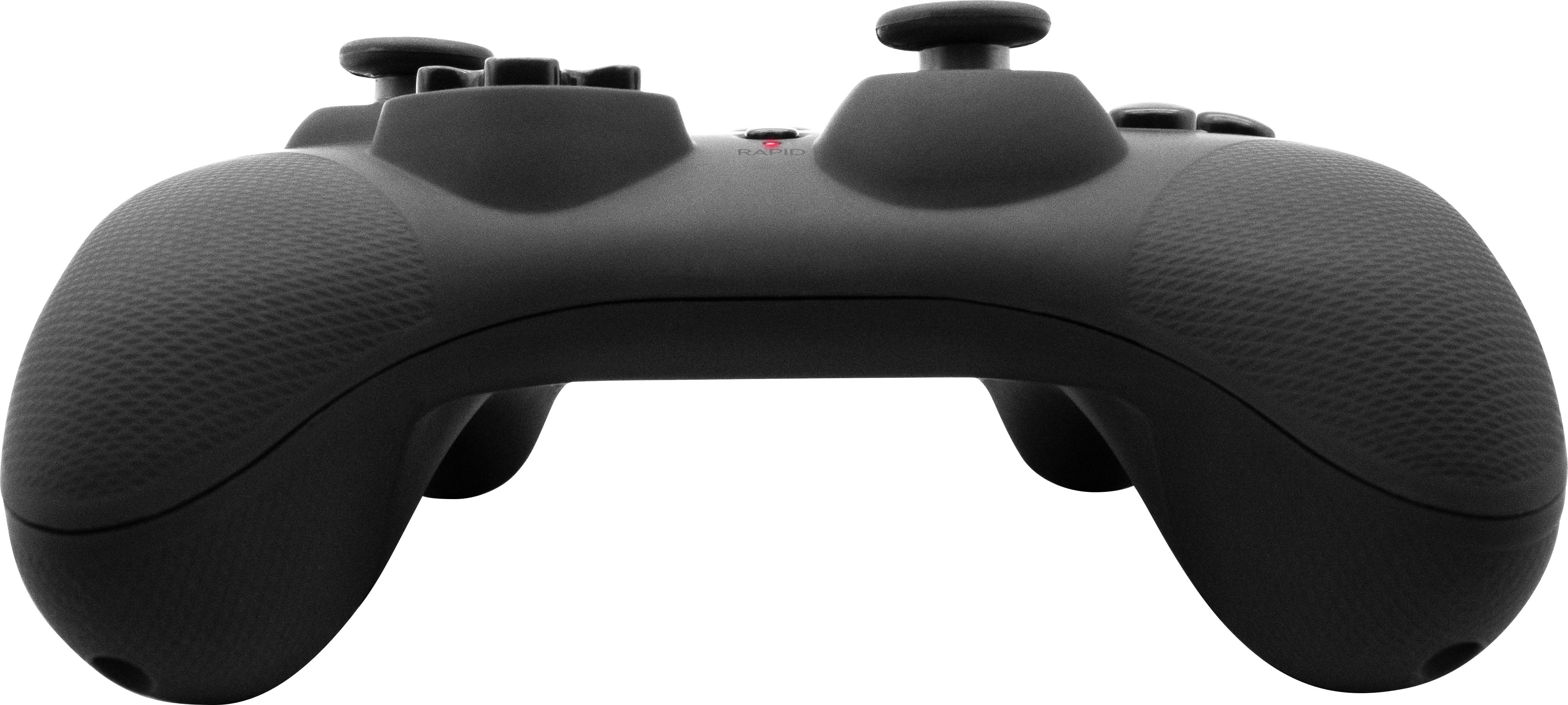 Czarny gamepad z wieloma przyciskami i joystickami, przeznaczony do gier. Ma gładką, ergonomiczną konstrukcję.