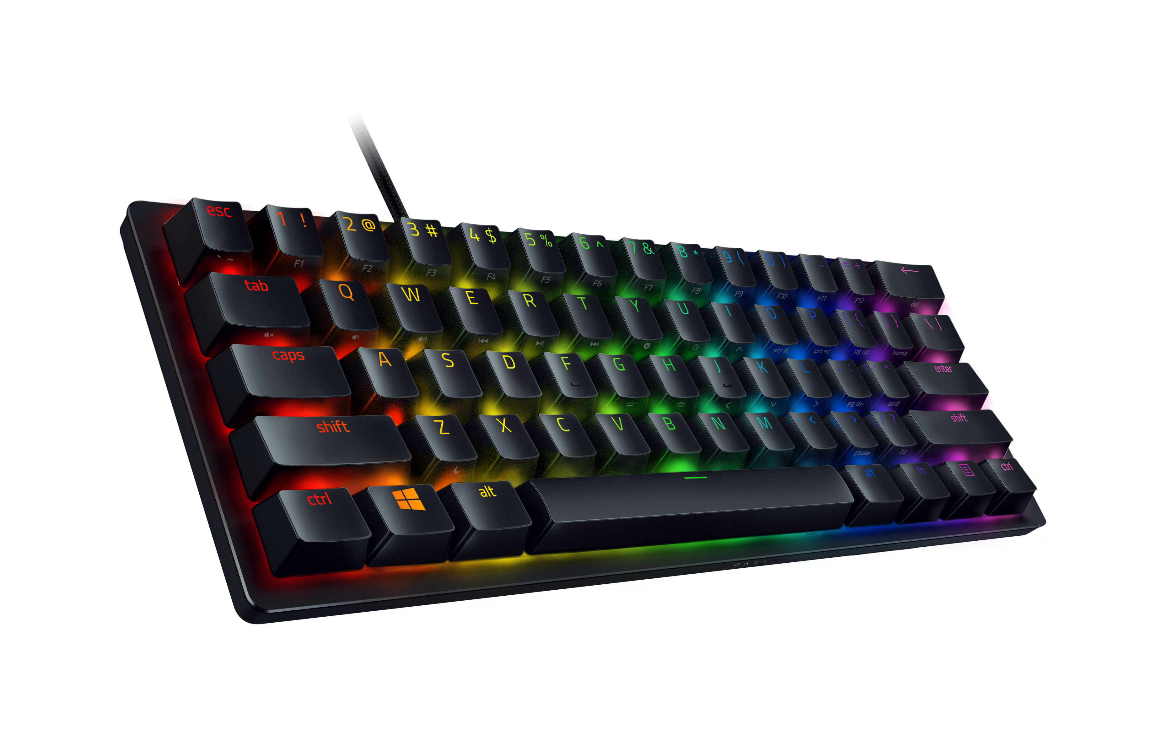 Czarna klawiatura dla graczy z podświetleniem RGB, kompaktowy układ, z wielokolorowymi klawiszami.