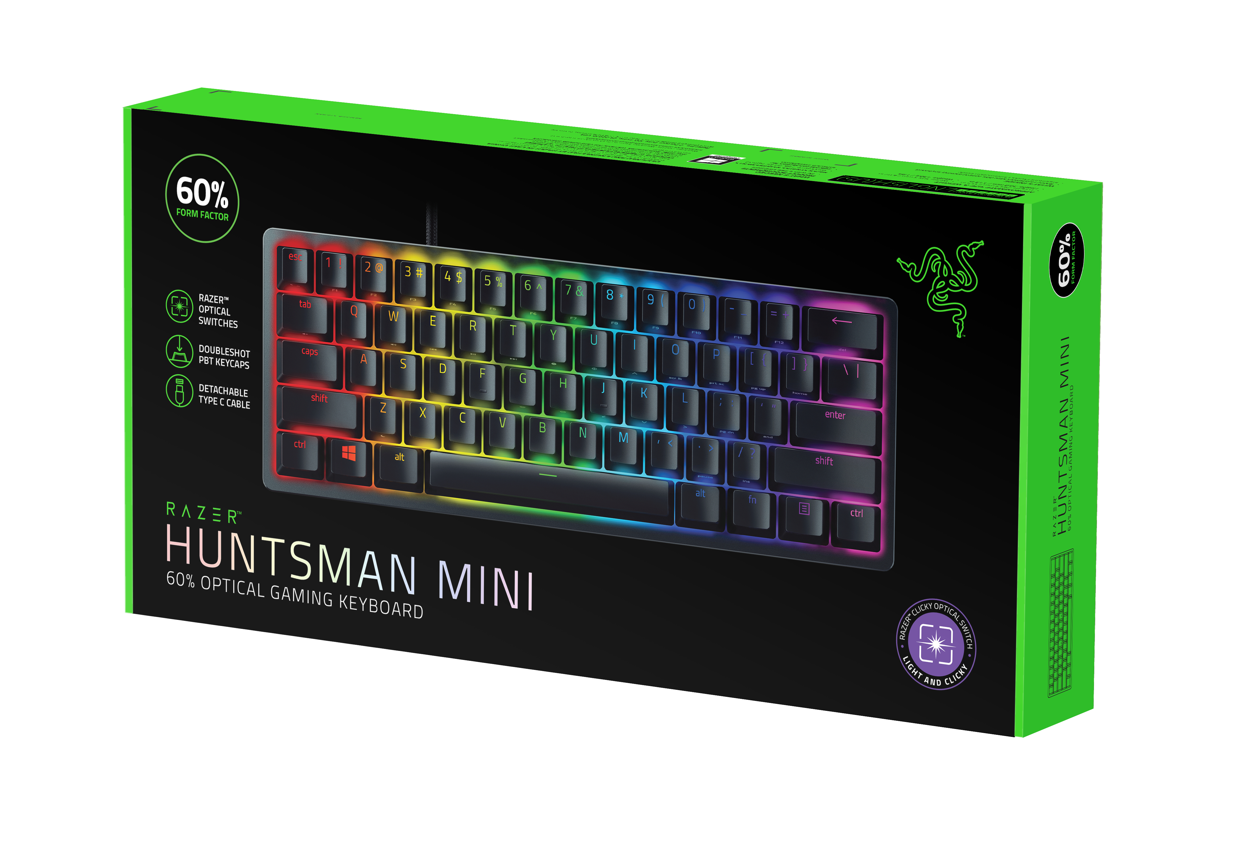 Zapakowana czarna klawiatura Razer Huntsman Mini z podświetleniem RGB, format 60%, zielone akcenty.