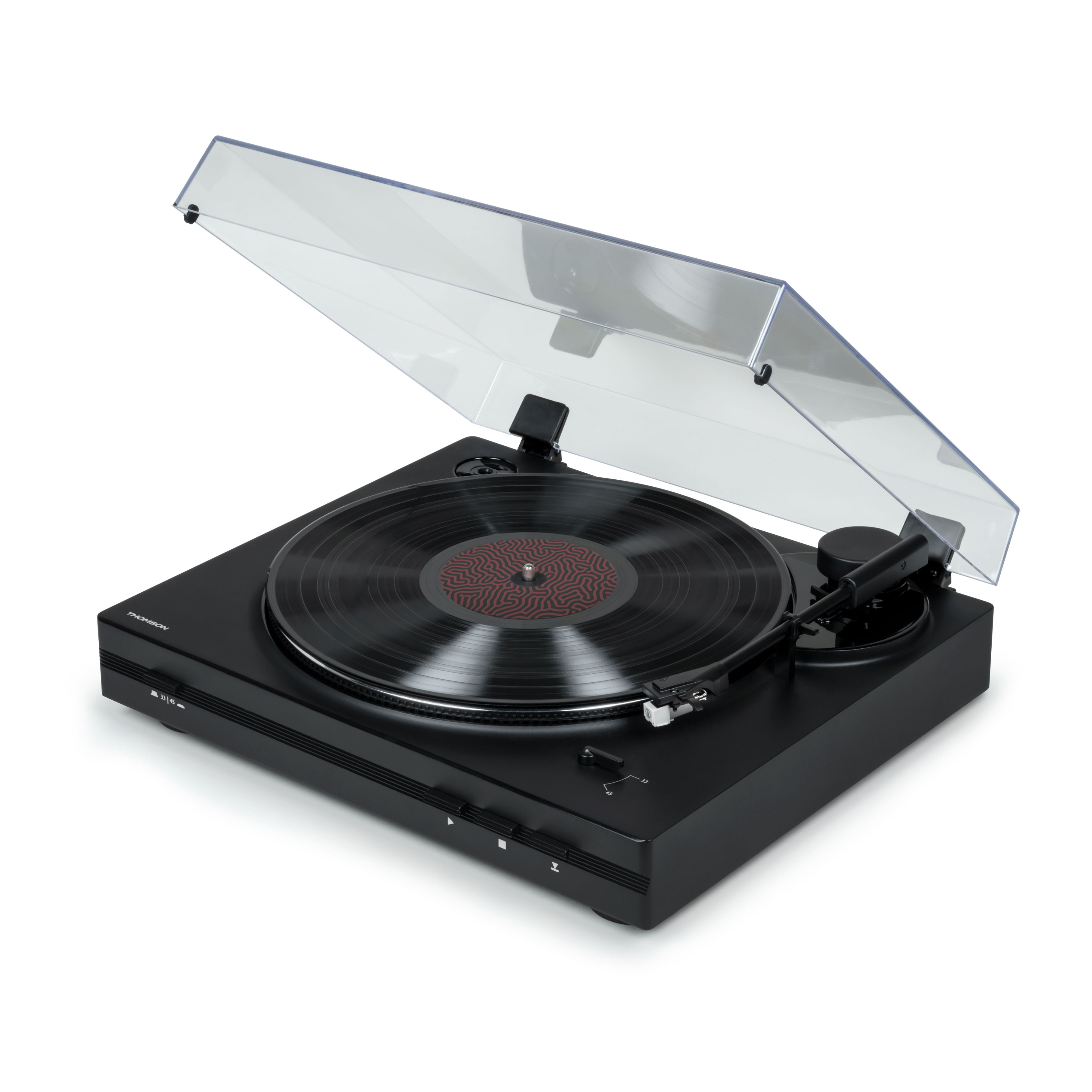 Czarny gramofon z przezroczystą pokrywą. Płyta winylowa na gramofonie.