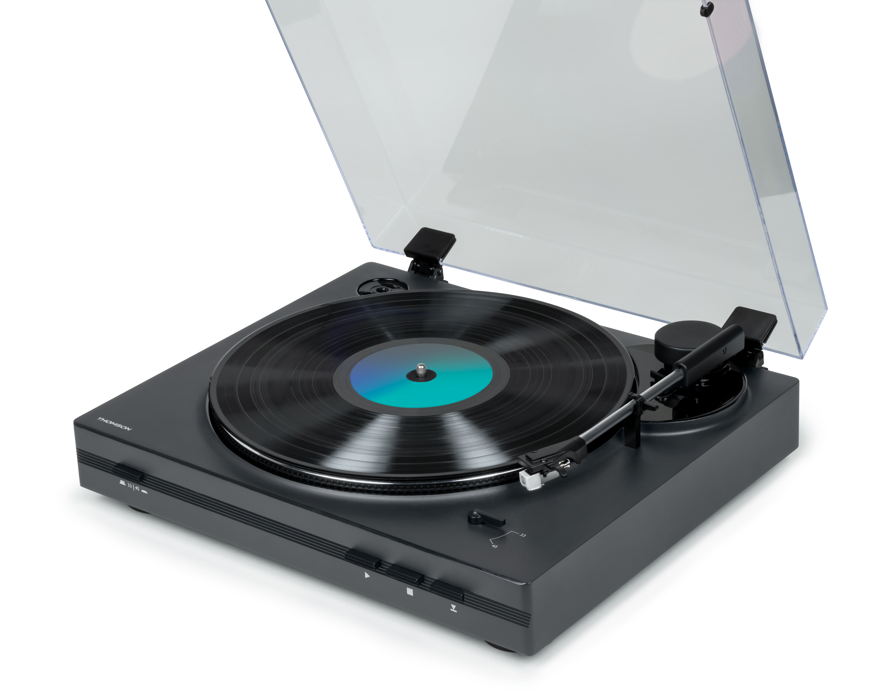 Un tocadiscos gris oscuro con un disco negro y una cubierta transparente.