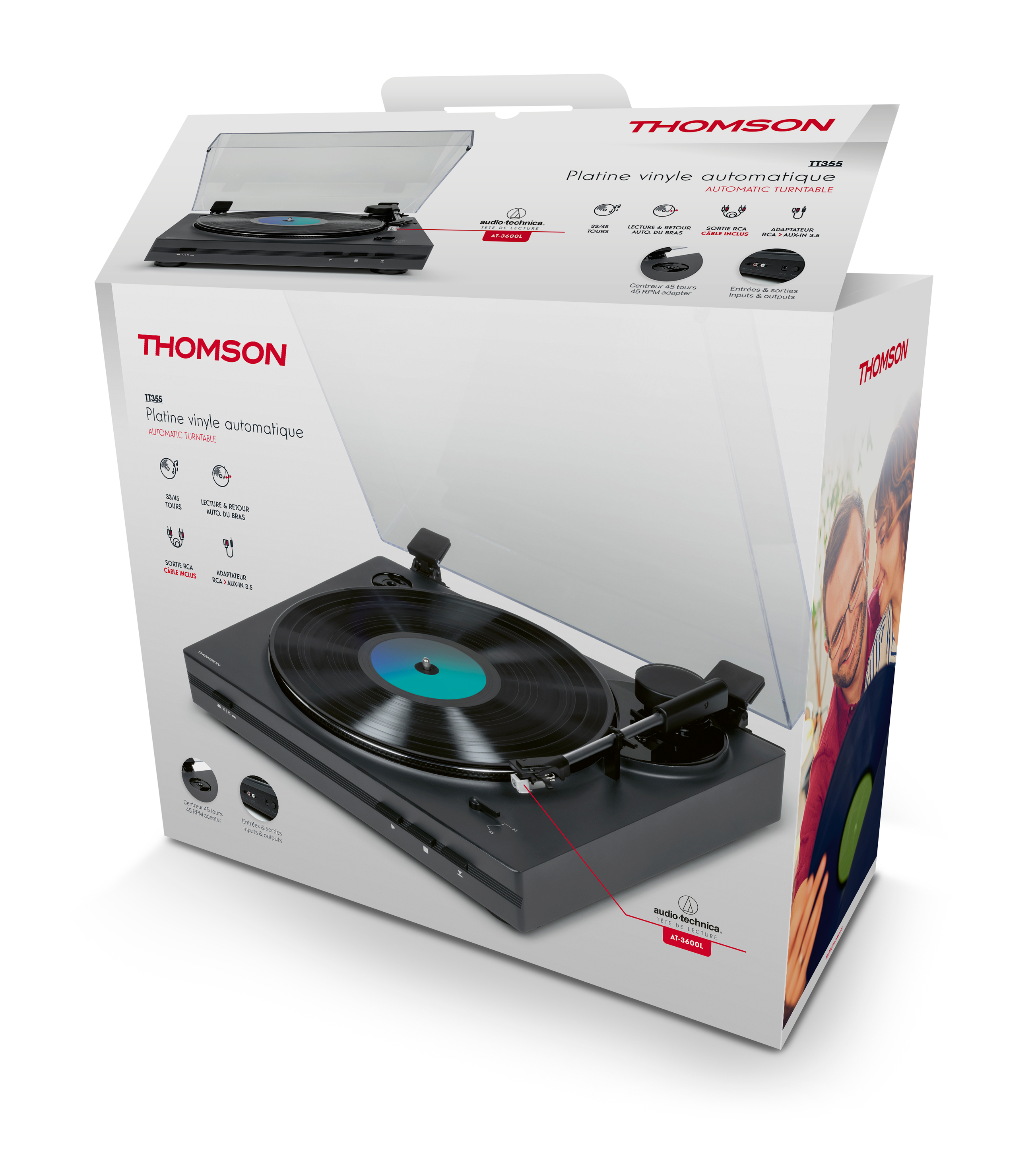 Tocadiscos en caja con la marca Thomson, mostrando el tocadiscos y sus características.