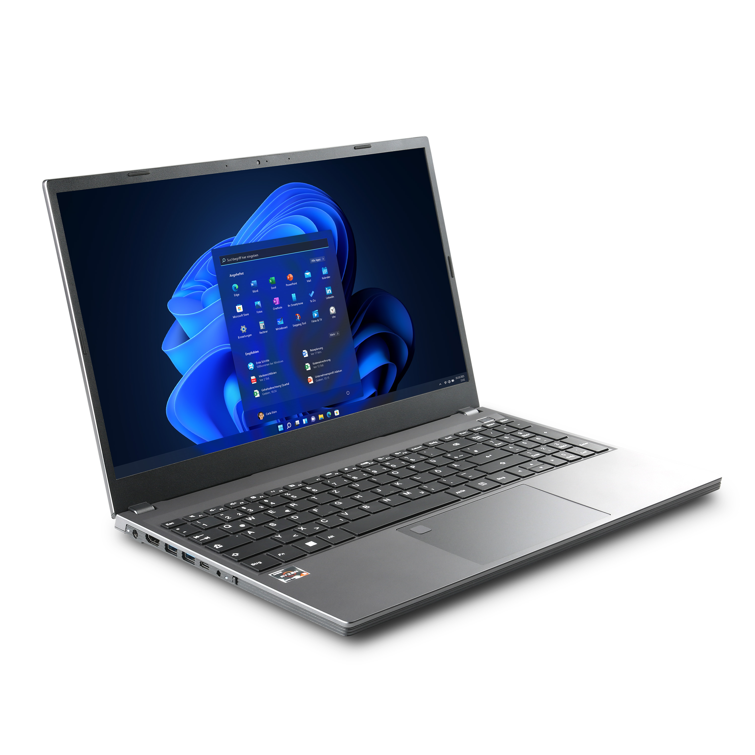 Laptop mit offenem Bildschirm, der eine Windows-Oberfläche zeigt. Silber-schwarzes Design, auf weißer Fläche.