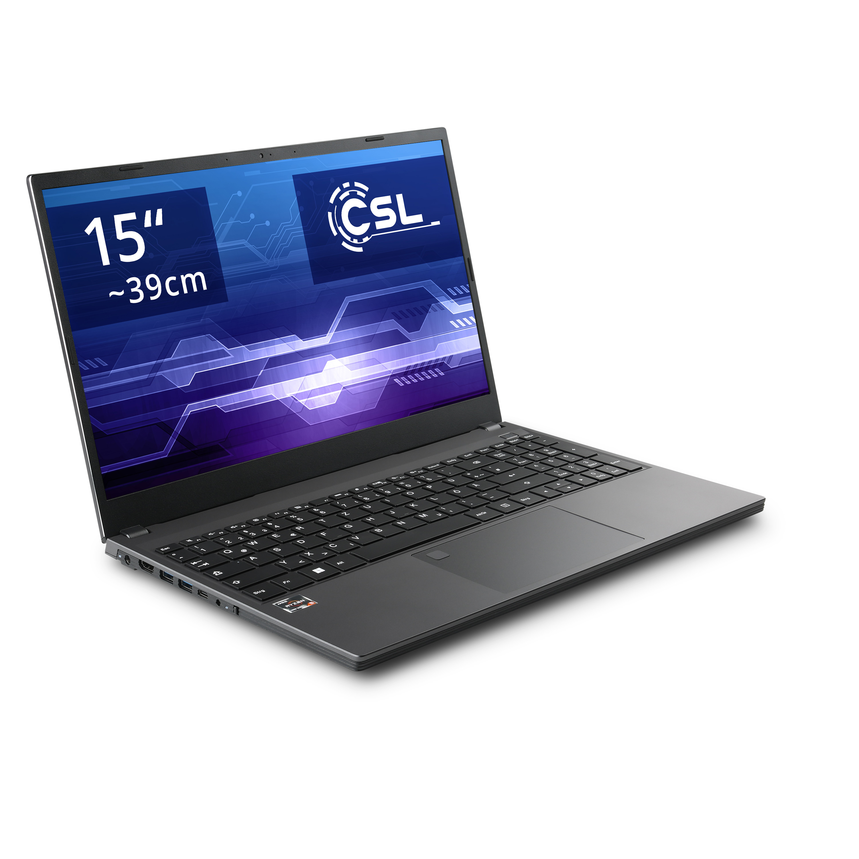 Offener Laptop mit schwarzer Tastatur und 15"-Display, das eine blaue Grafik zeigt.