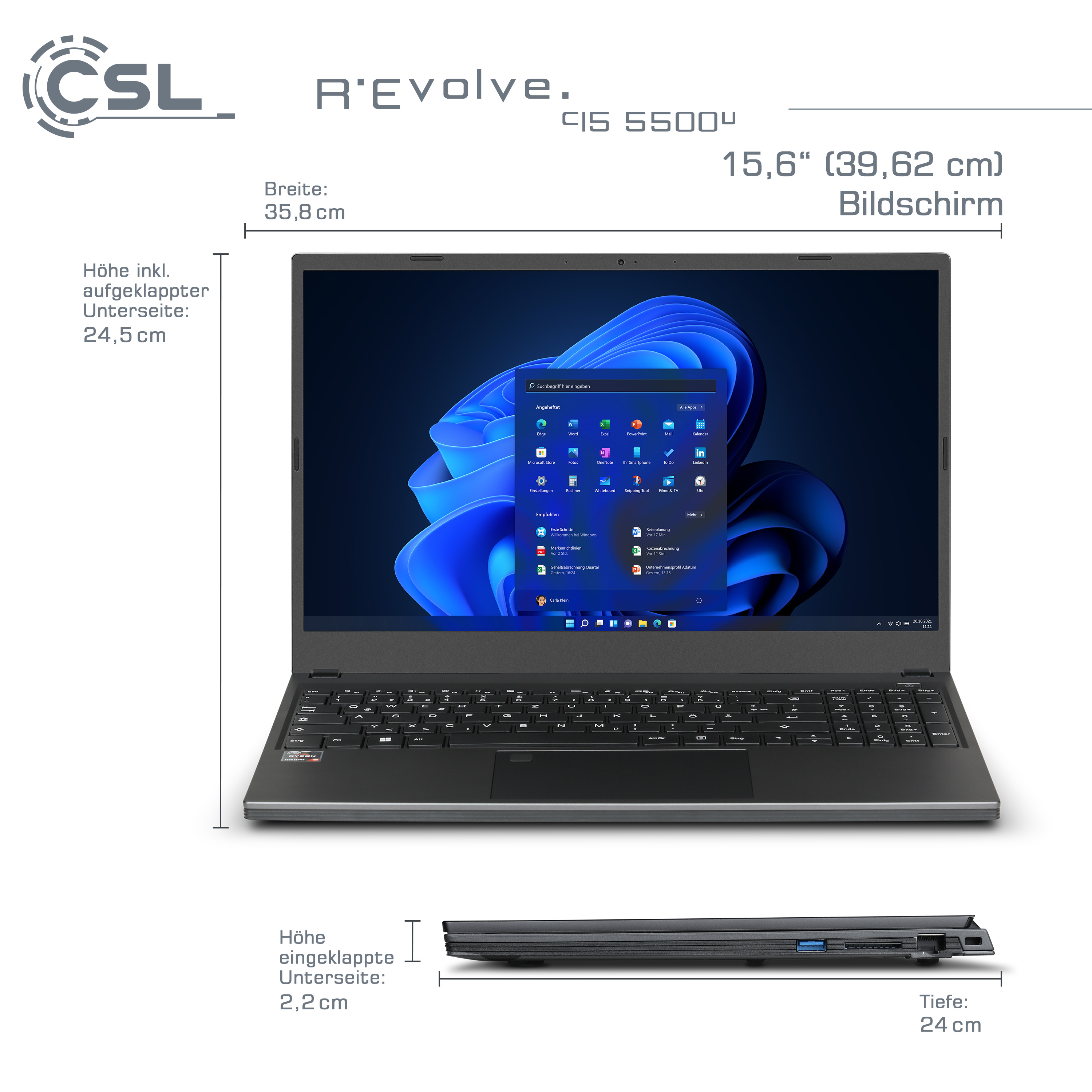 CSL R\'Evolve C15 Home, SSD, / 5500U 64 Notebook / 500GB GB Windows 64GB Prozessor, 11 Grau Ryzen™ 500 5 Display, Zoll AMD GB RAM, 15 mit 