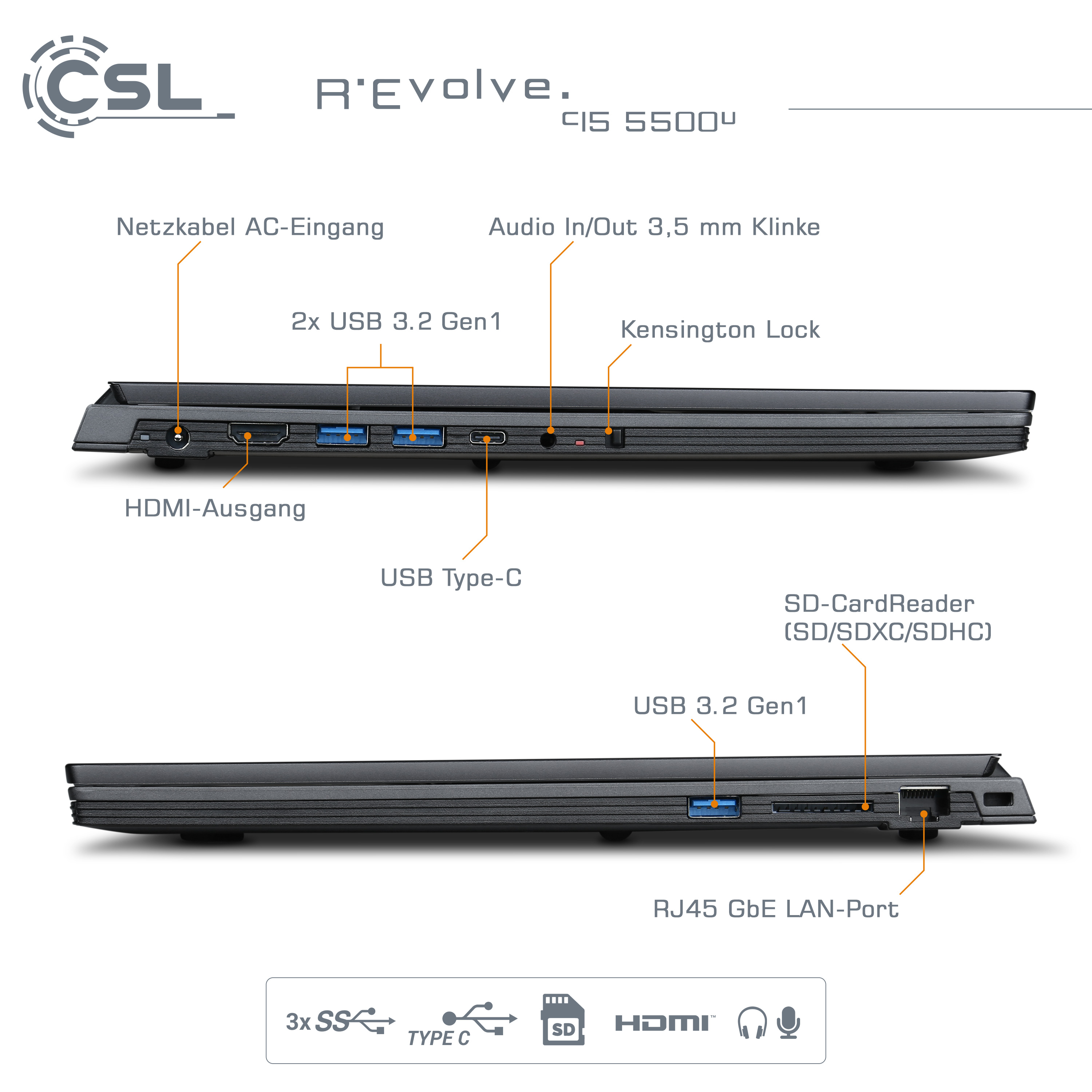 CSL R\'Evolve C15 1000GB SSD, 64 AMD Zoll 11 RAM, Display, 64GB 5 Grau Windows / mit 1000 Prozessor, Ryzen™ GB Notebook / / 5500U GB 15 Home