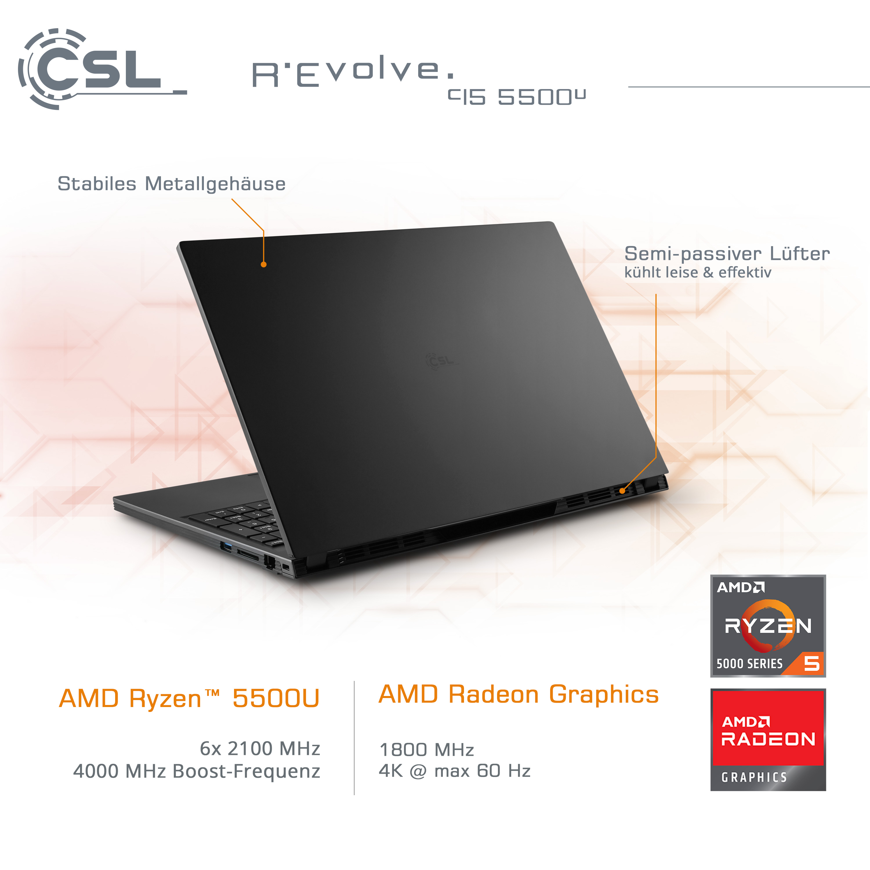 Zoll RAM, mit R\'Evolve SSD, 64GB GB 11 Notebook AMD CSL / 5500U Ryzen™ Prozessor, 64 5 / Display, 1000 Windows 15 Grau Home, C15 / 1000GB GB