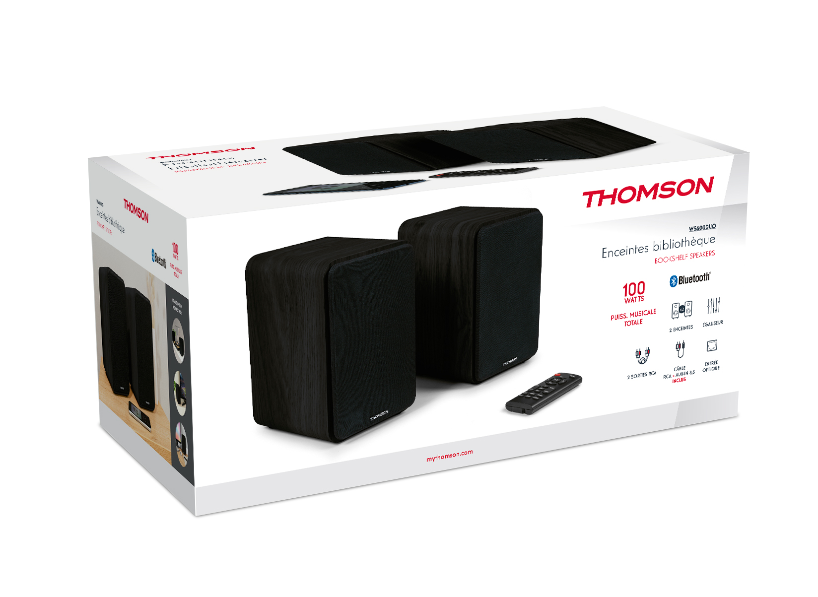 Pudełko głośnikowe Thomson. Widoczne dwa czarne głośniki i pilot.