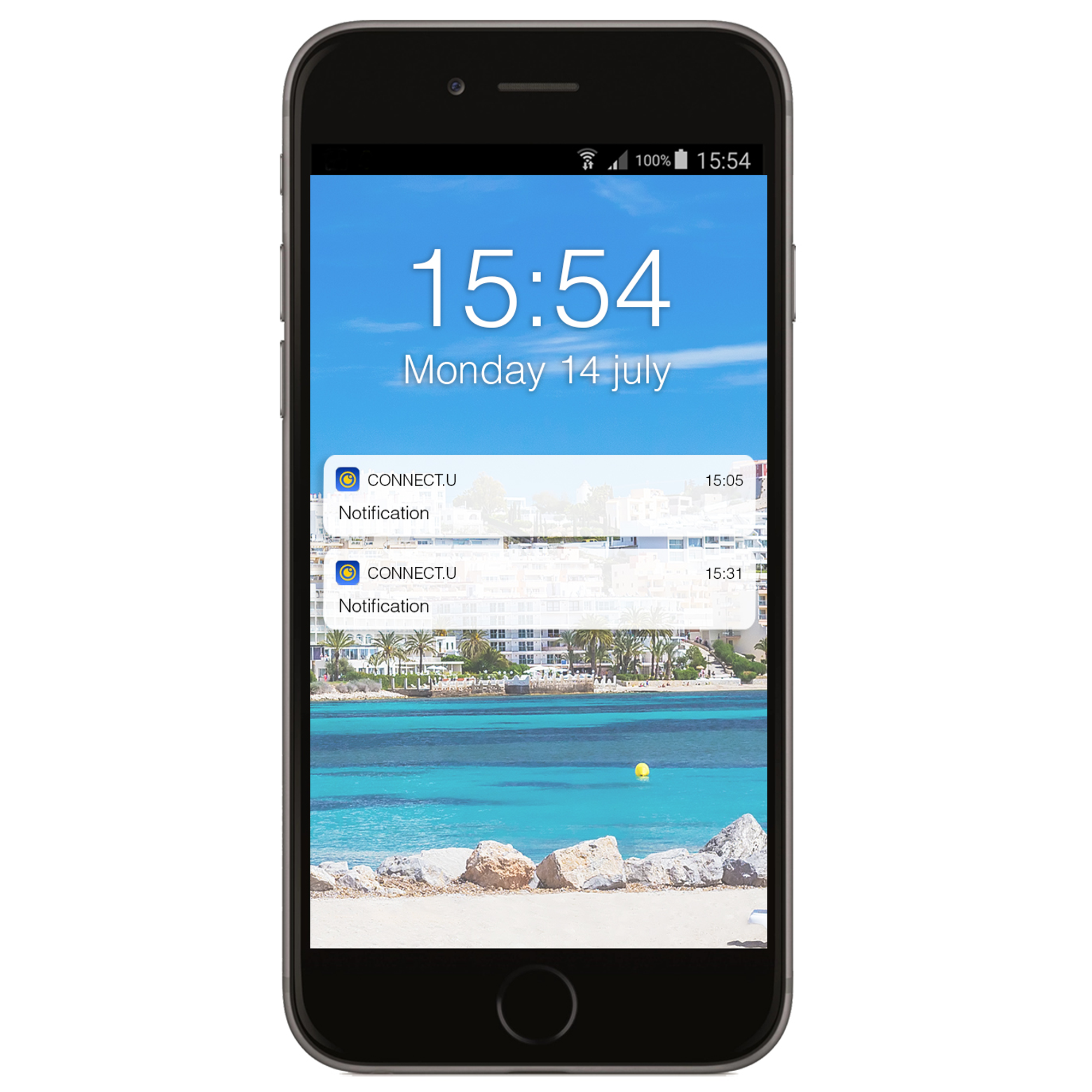 Ein schwarzes Smartphone zeigt Uhrzeit, Datum und zwei Benachrichtigungen vor einem Strandhintergrund.