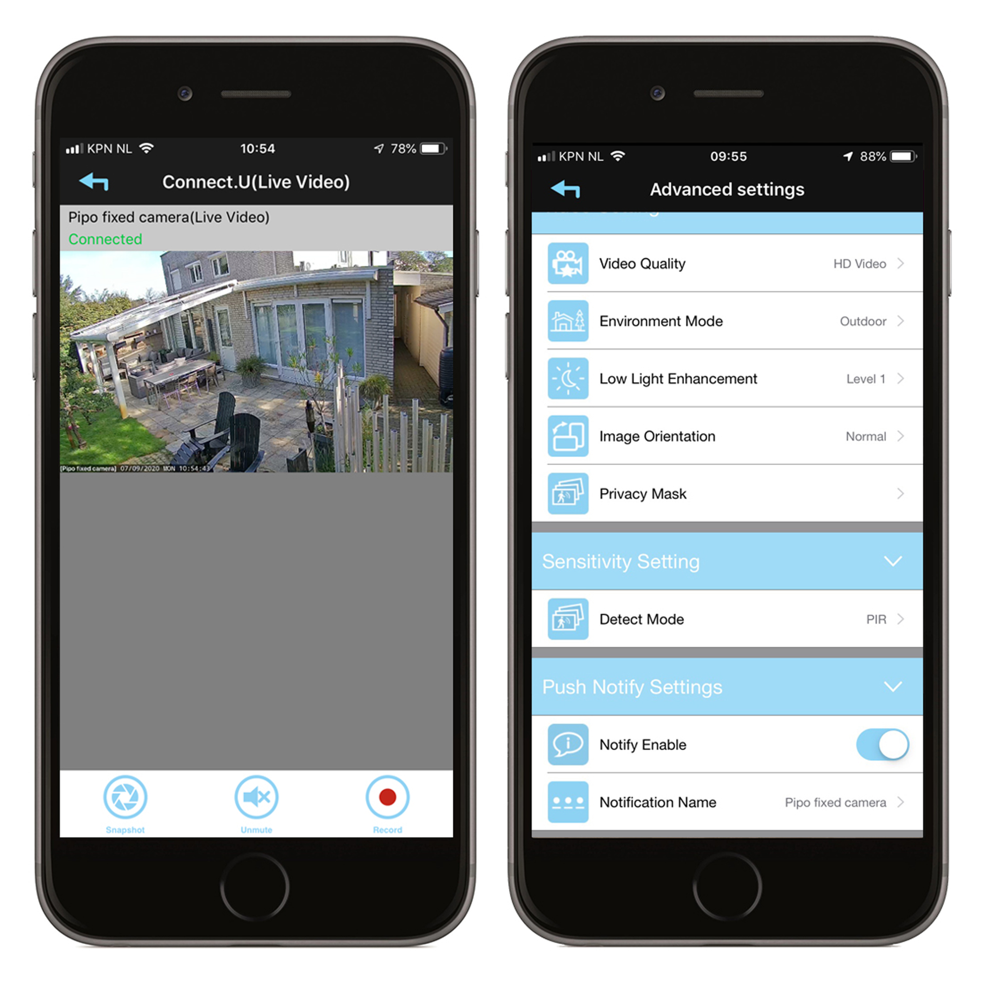 Zwei Smartphone-Bildschirme, die eine Benutzeroberfläche für eine Heimkamera-App anzeigen.