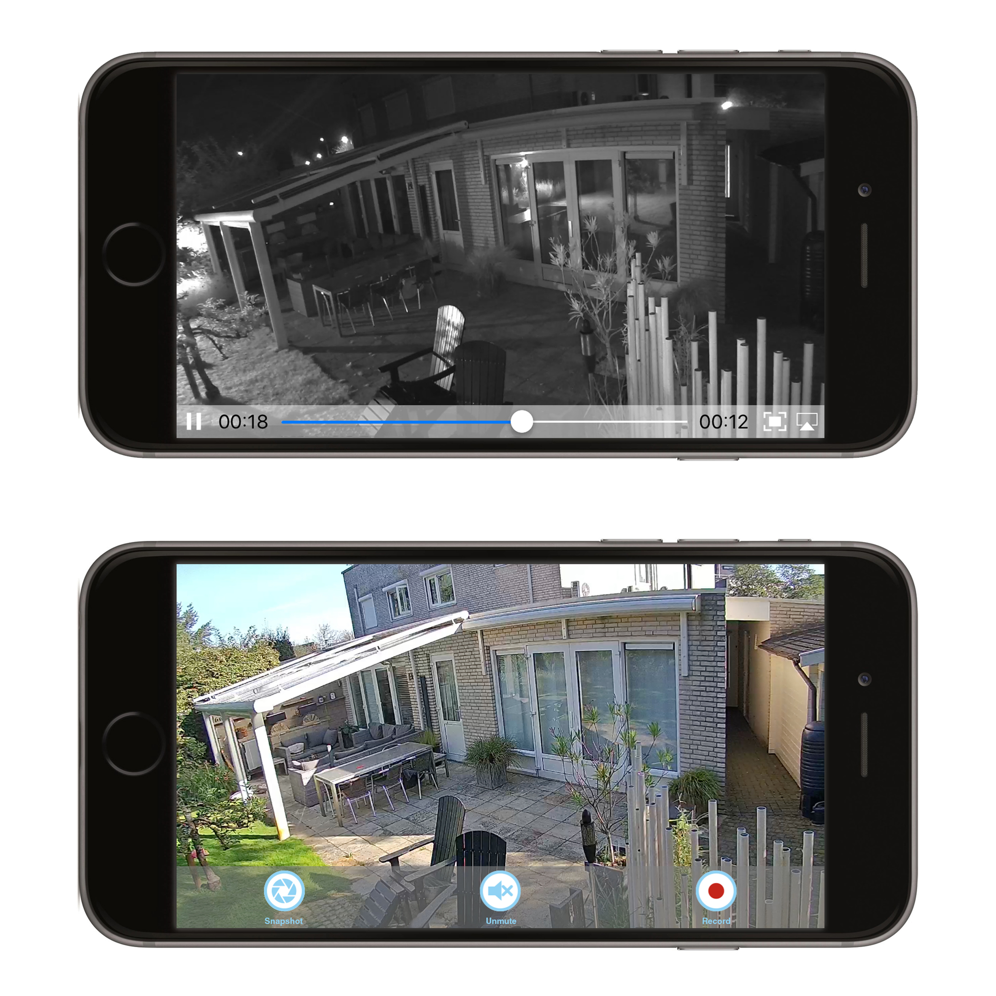 Zwei Smartphone-Bildschirme, die eine Terrasse bei Nacht und Tag zeigen, mit Zeit- und Steuerungssymbolen.