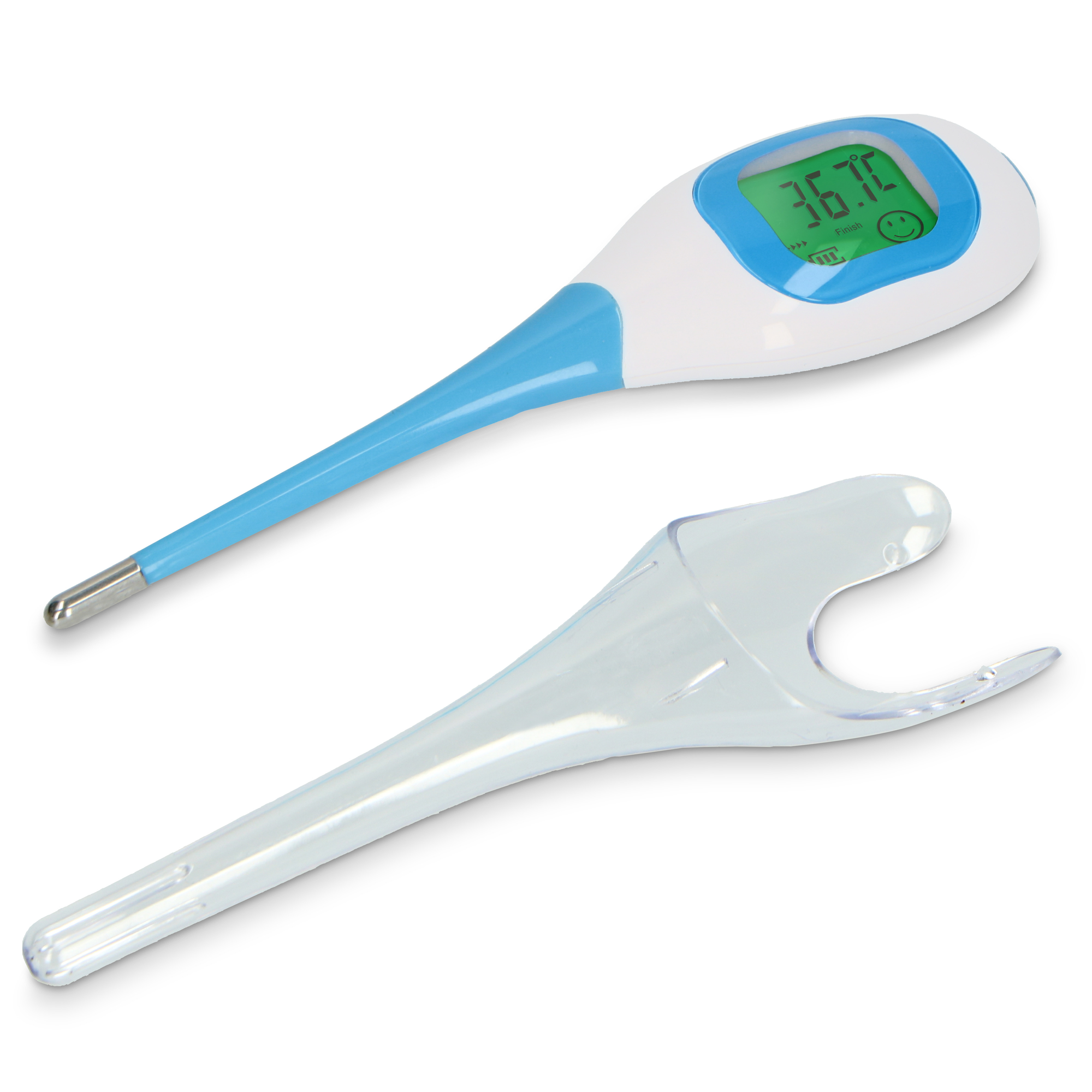 Ein digitales Thermometer mit Displayanzeige 36,70 und einer durchsichtigen Kunststoffschutzhülle.