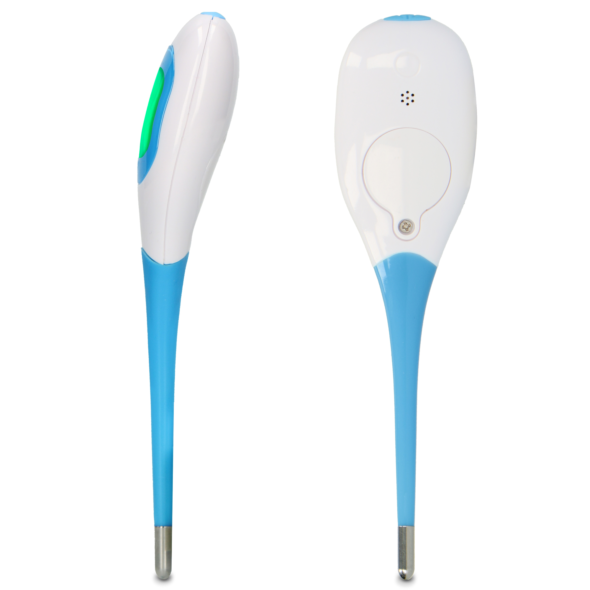 Weiß-blaues Thermometer mit grünem Licht an der Seite und vorne.