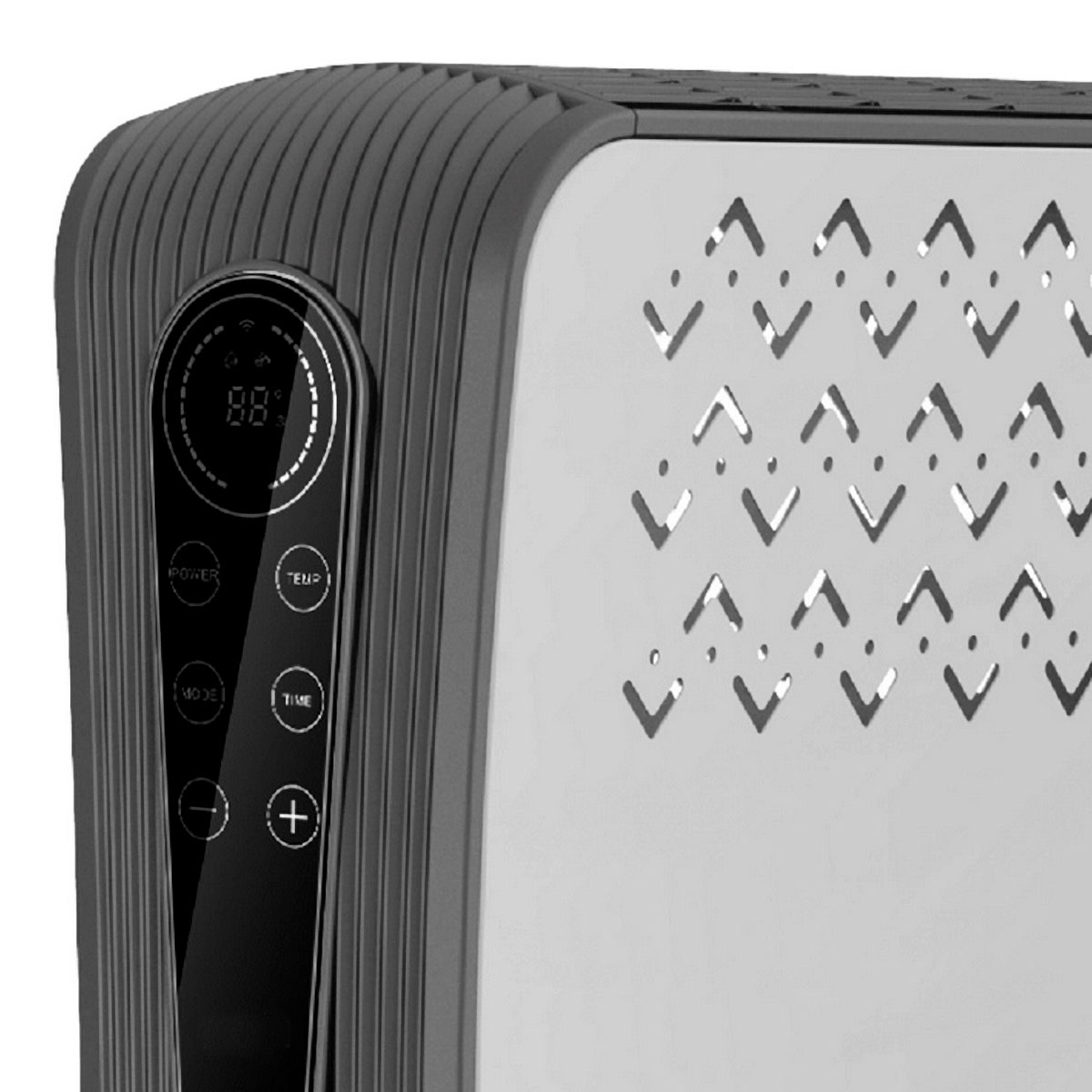Primer plano de un calentador eléctrico blanco y gris con pantalla digital y botones de control.