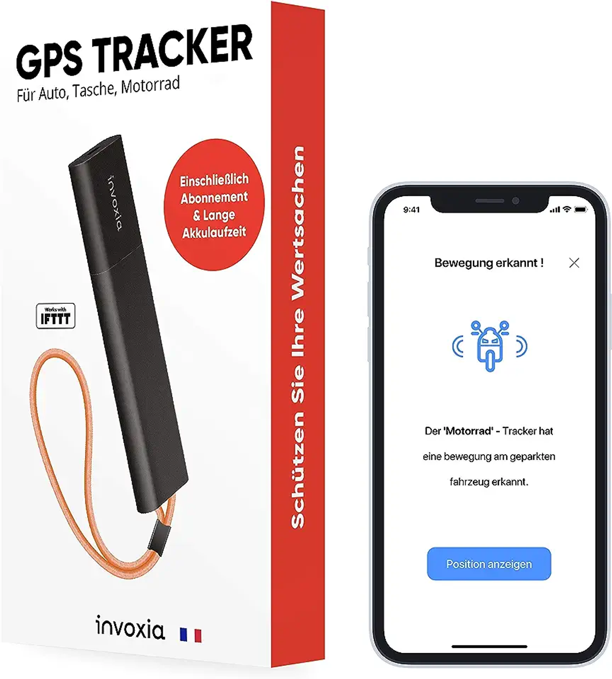 Tracker GPS nero, telefono che mostra il movimento rilevato su una moto. La scatola dice 'GPS Tracker'.