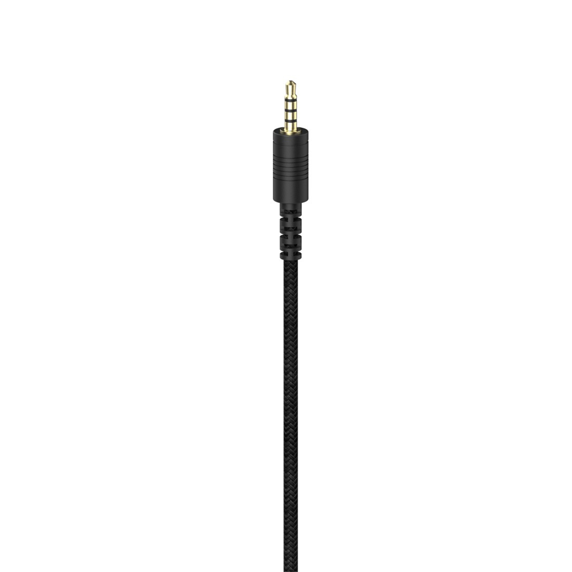 Czarny kabel audio o plecionym wzorze zakończony pozłacanym wtykiem jack 3,5 mm.