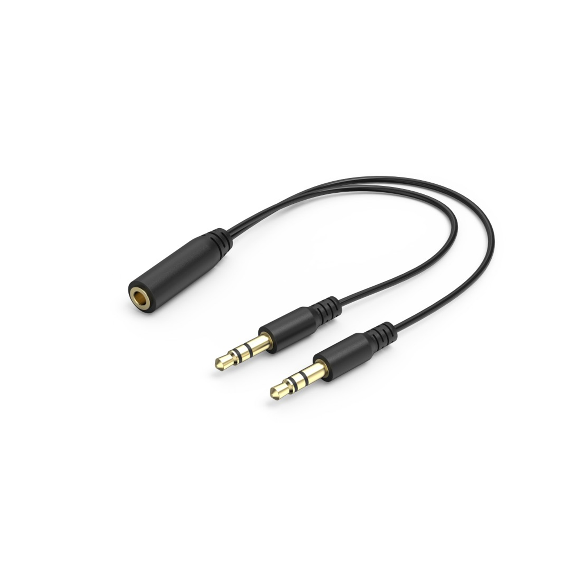 Czarny kabel adaptera audio z dwoma wtykami jack 3,5 mm i pojedynczym gniazdem żeńskim.