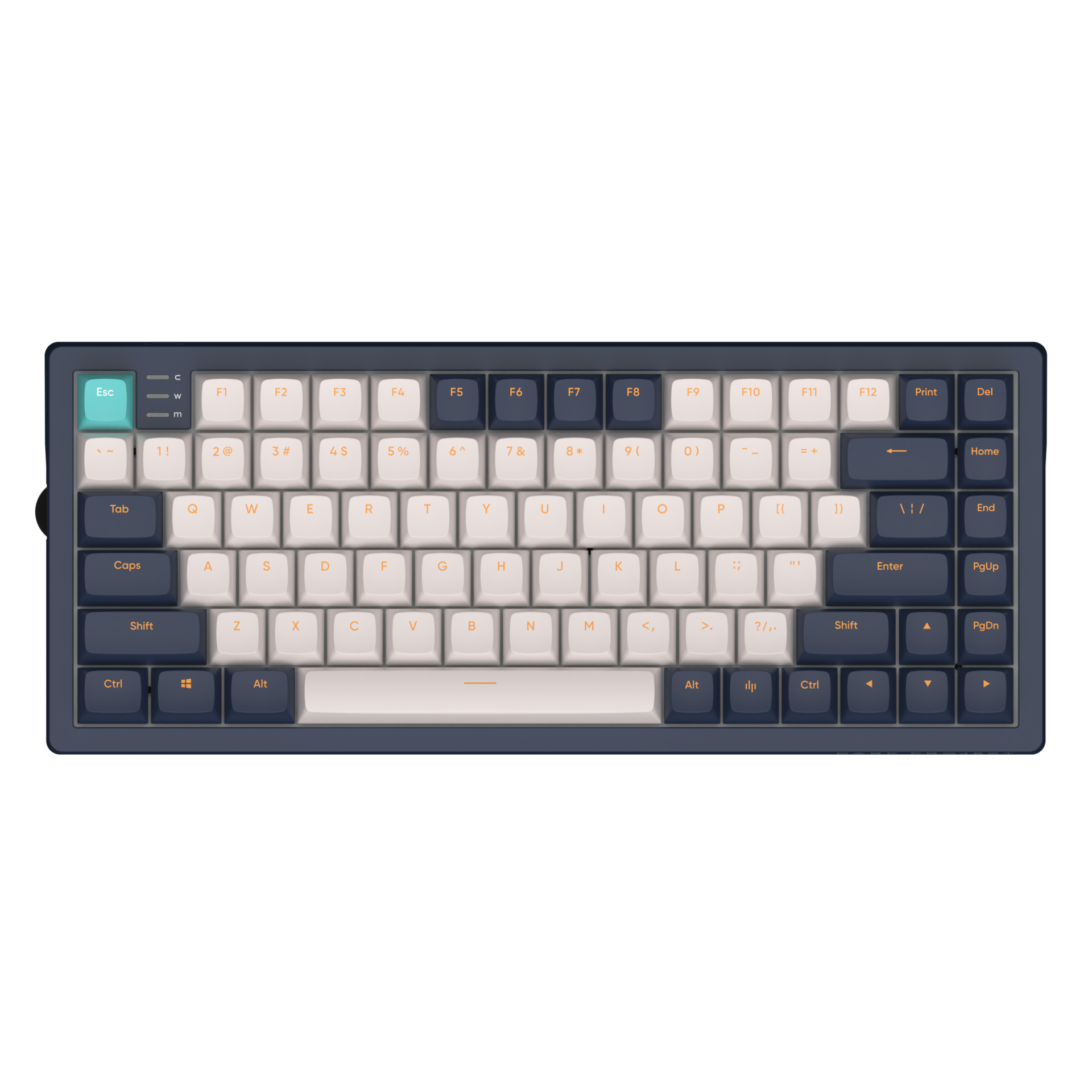 Schwarze und weiße mechanische Tastatur mit verschiedenen Tasten und blauer Esc-Taste.