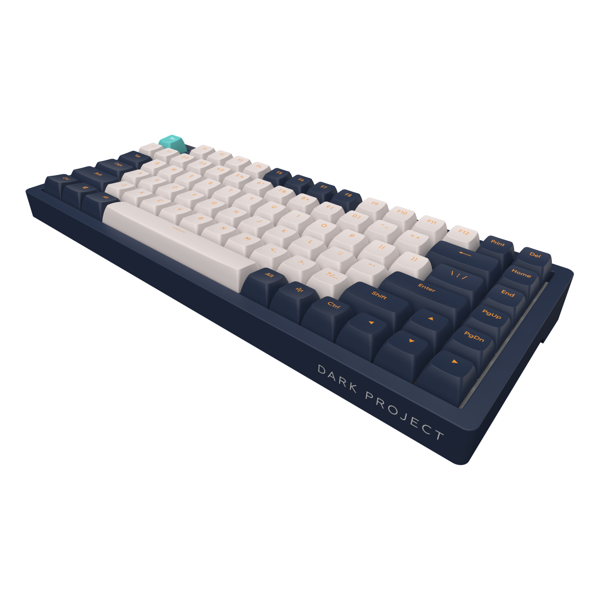 Mechanische Tastatur von Dark Project. Marineblaues Gehäuse und weiße und marineblaue Tasten.