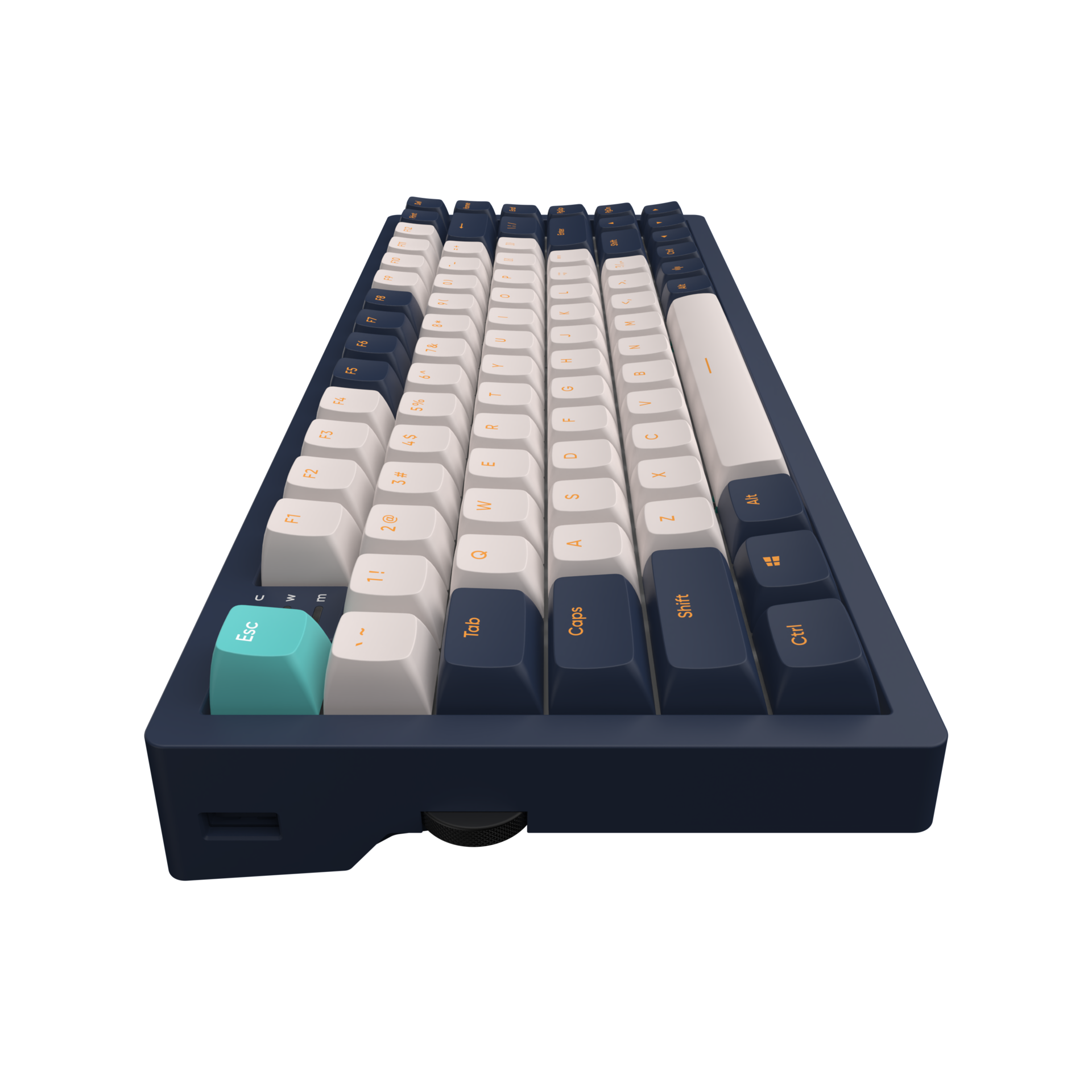 Eine blaue und weiße mechanische Tastatur aus einem niedrigen Winkel.