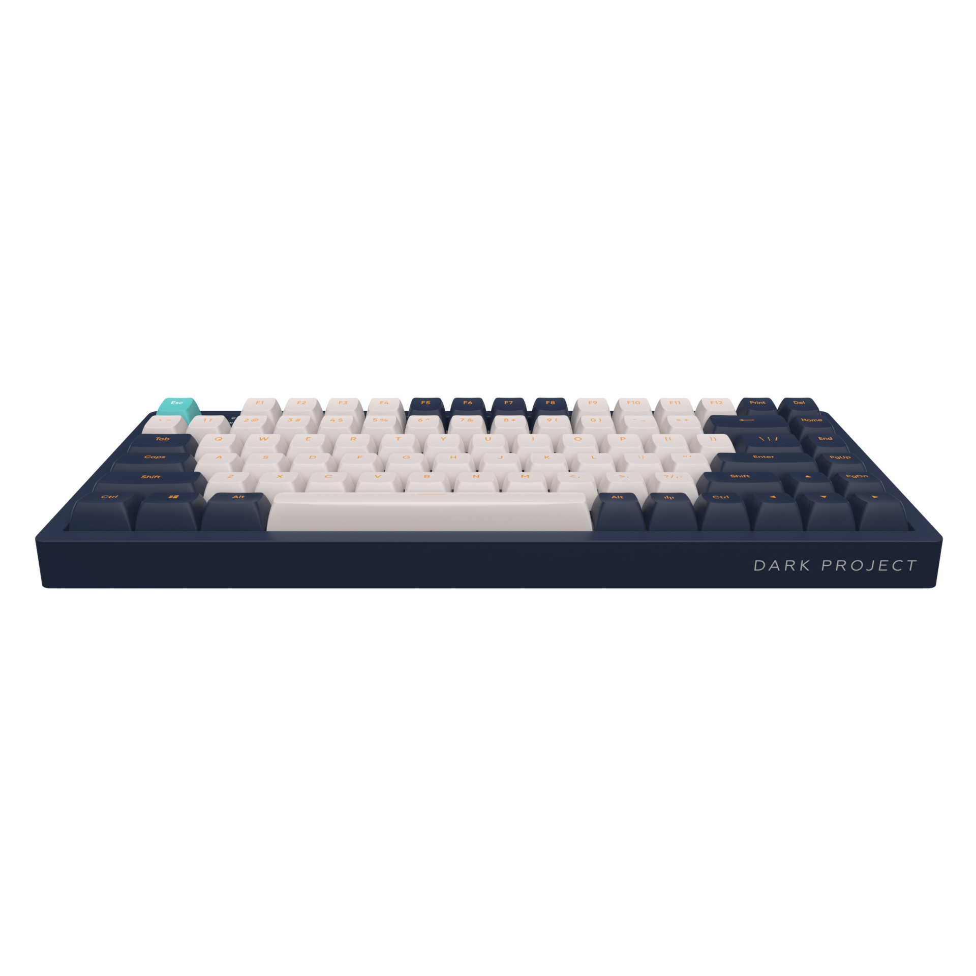 Eine marineblaue mechanische Tastatur mit weißen und beigefarbenen Tastenkappen und einer hellblauen Escape-Taste.