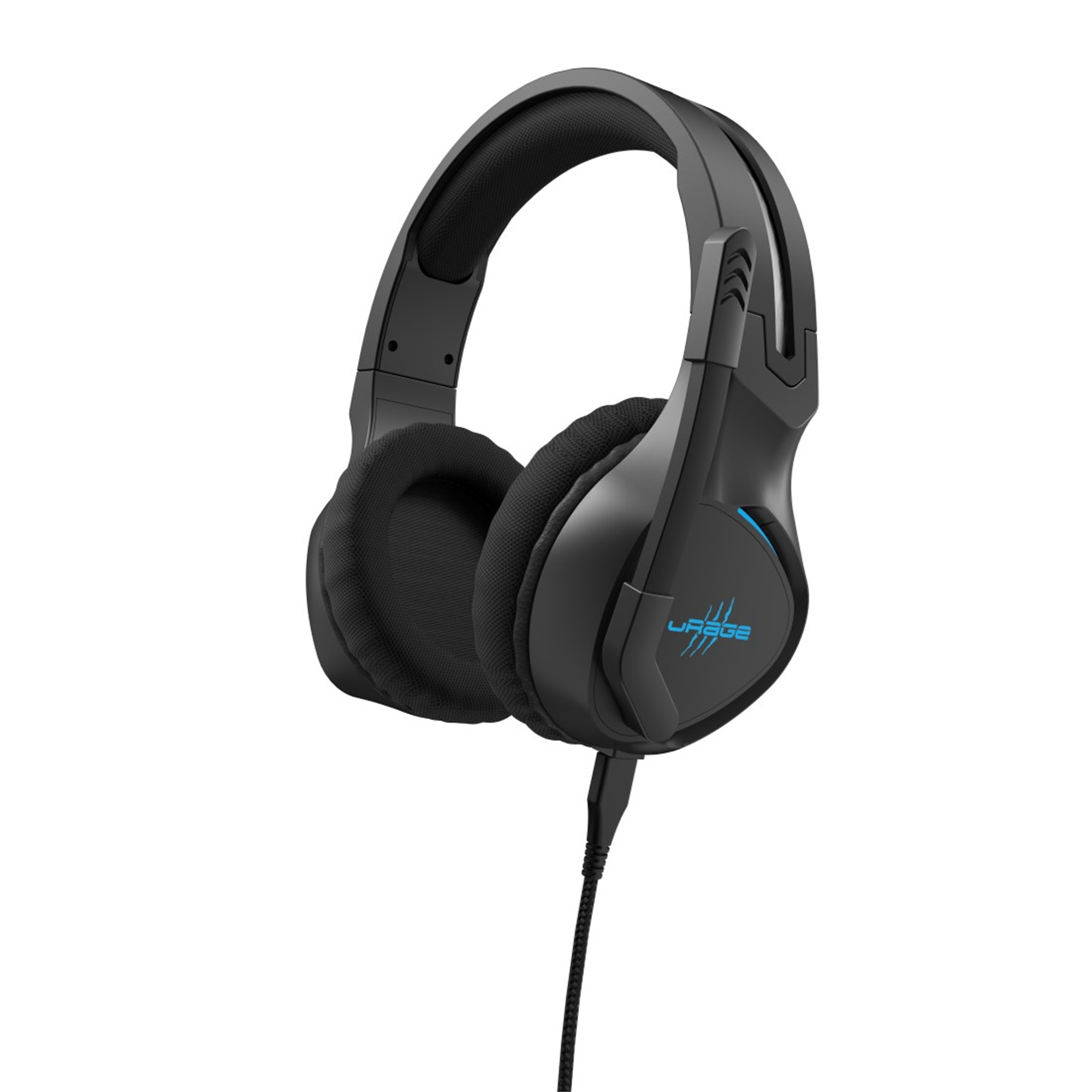 Un paio di cuffie nere over-ear con un logo blu sul lato e un cavo nero.